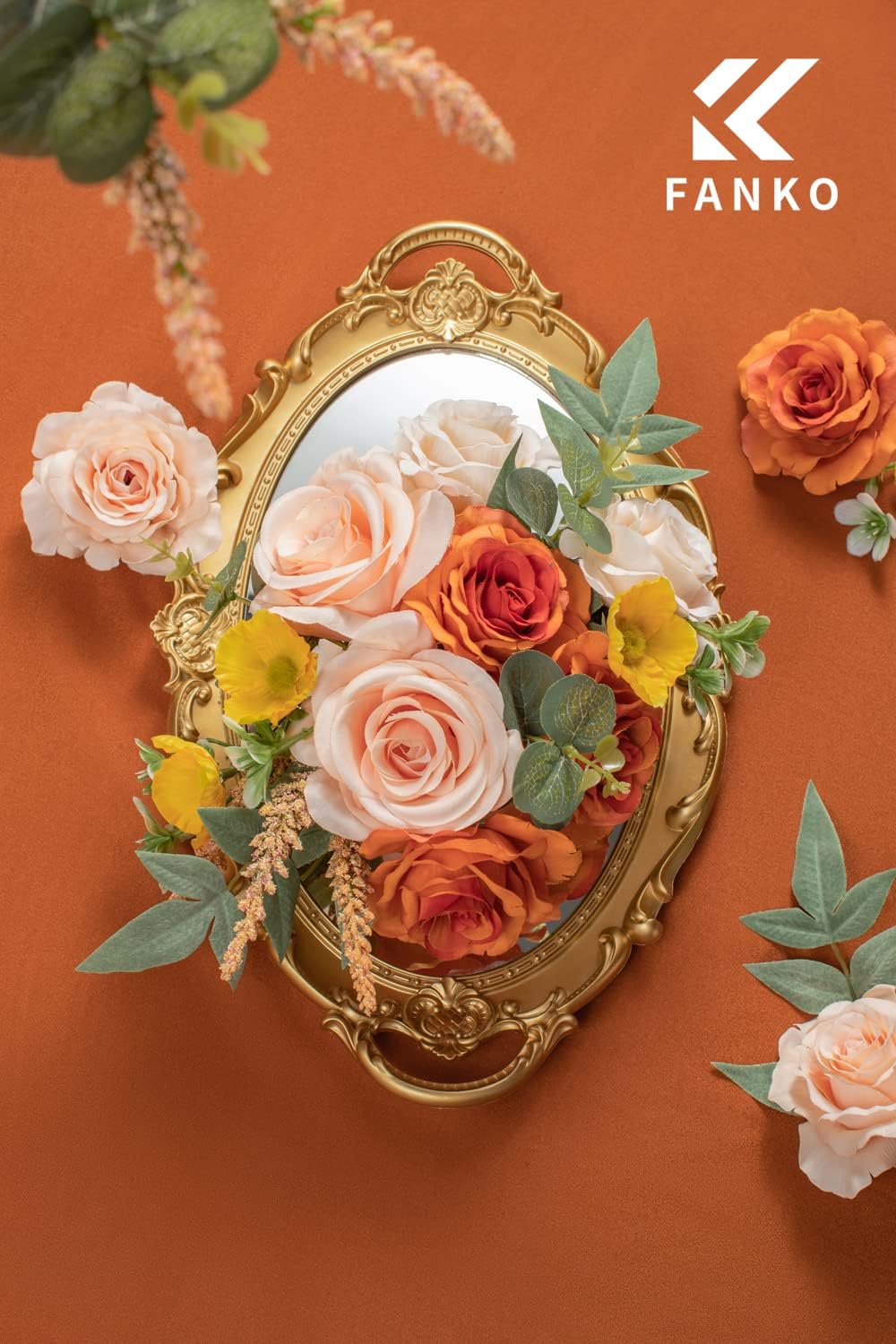 FANKO Rose Artificial Flowers Combo for DIY, Fake Orange Rose Artificial Silk Flowers with Greenery, Real Looking Artificial Faux Flowers for Wedding, Table Decoration, Centerpieces, Party, Home Décor