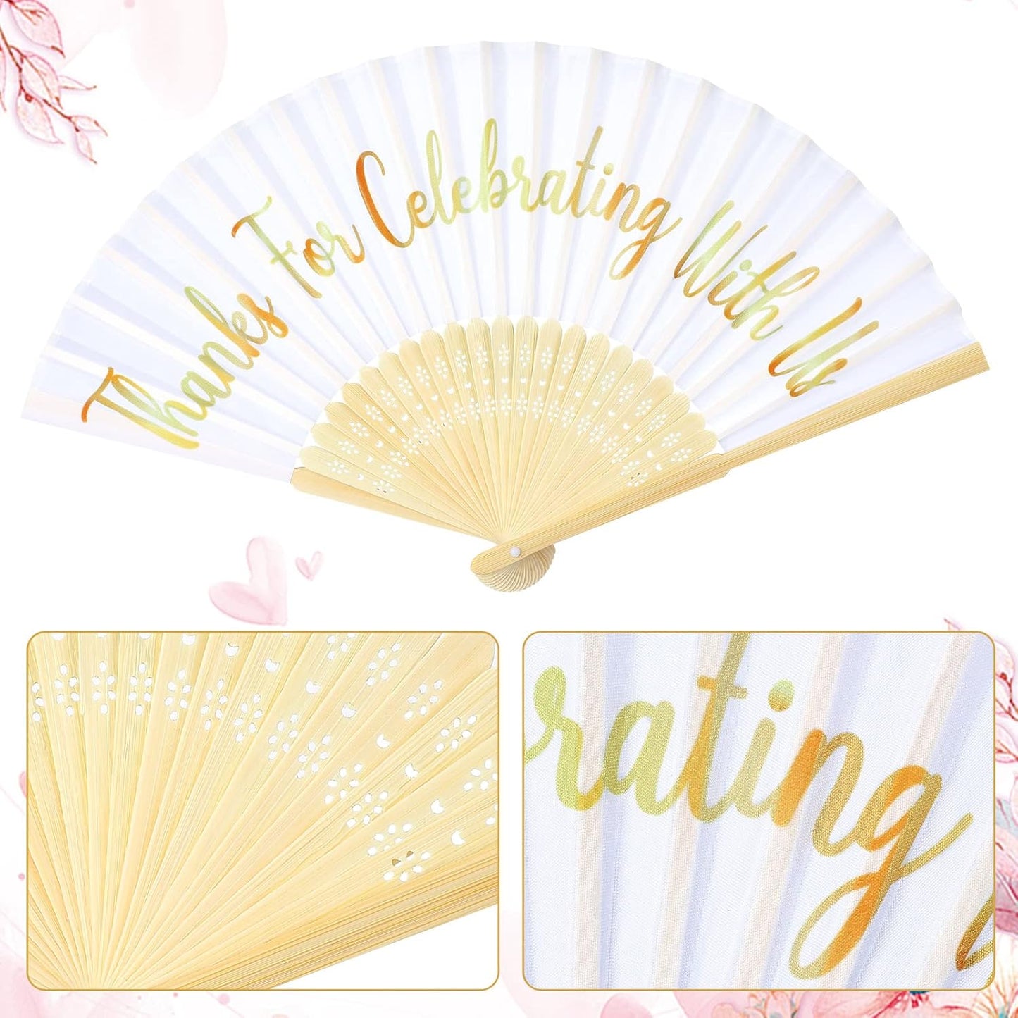 Jetec 50 Pcs Wedding Fans for Guests Bulk Silk Hand Fans Handheld Folded Thank You for Celebrating with Us Wedding Favors for Bridal Bridesmaid Baby Shower Dancing Party Church Gift(White)