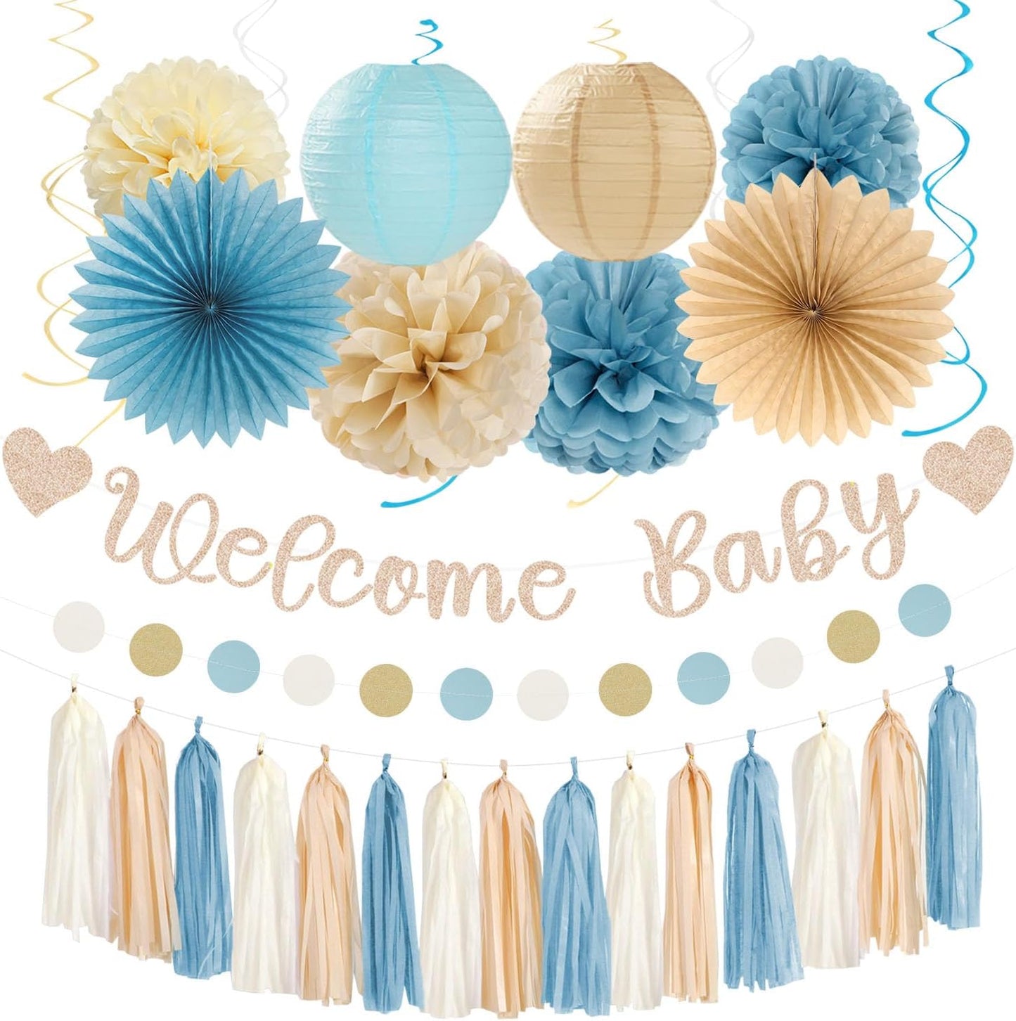 Light-Dusty Blue Beige-Champagne Baby-Shower Party-Decorations - 31pcs Welcome Home Banner Sign,Boy Paper Lanterns,Neutral Streamers Garland,Boho Tissue Pom Poms Flowers Fans Backdrop Decor Burgleda