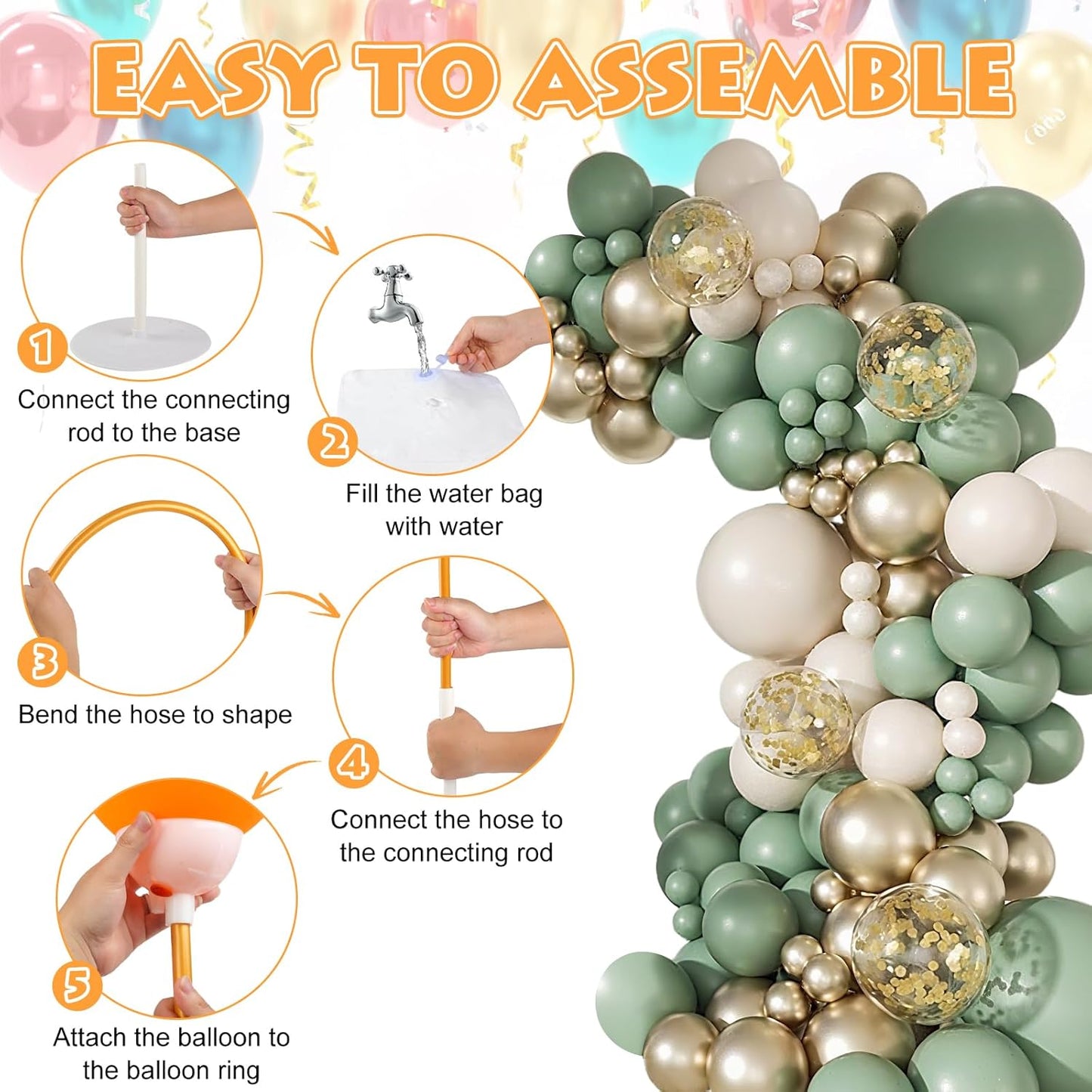 Balloon Arch Stand Kit 8.2ft and 5ft, Heavy Duty Base with Water Filling Bag, Bendable Half Arch Balloon Gold Frame - Suitable for Birthdays, Holiday Decorations and Other Indoor and Outdoor Parties.