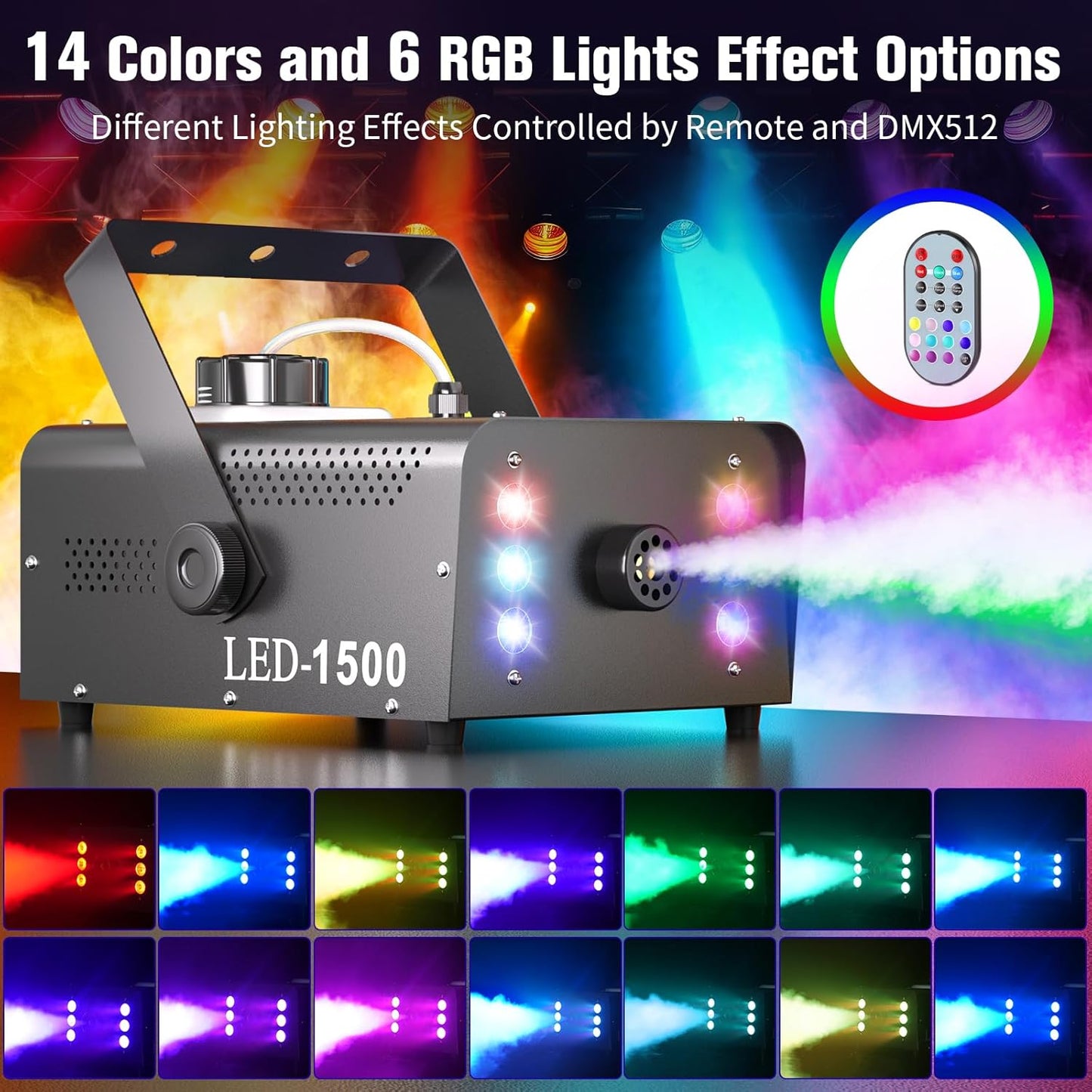 Fog Machine with 6 RGB LED Lights, 1500W Smoke Machine for Stage Party Halloween Christmas DJ Performance Wedding