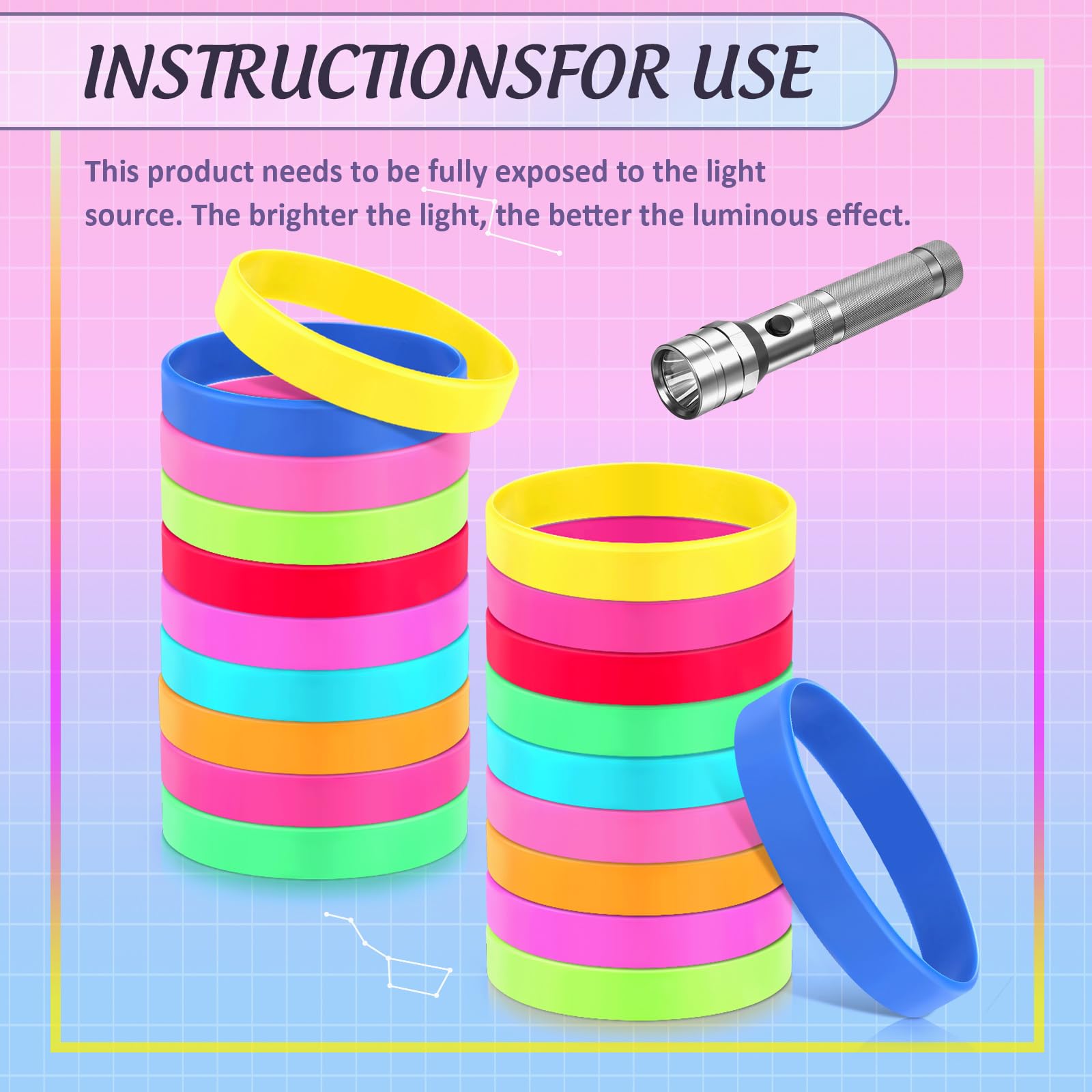 Shappy 50 Pcs Glow in the Dark Rubber Bracelets Neon Silicone Bracelets Bulk Luminous Colored