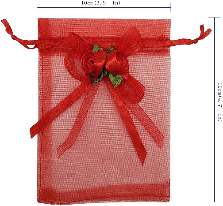 Ankirol 50pcs Sheer Organza Favor Bags For Wedding 3.8x4.8'' Gift Bags Samples Display Drawstring Rose Pouches (hot red)