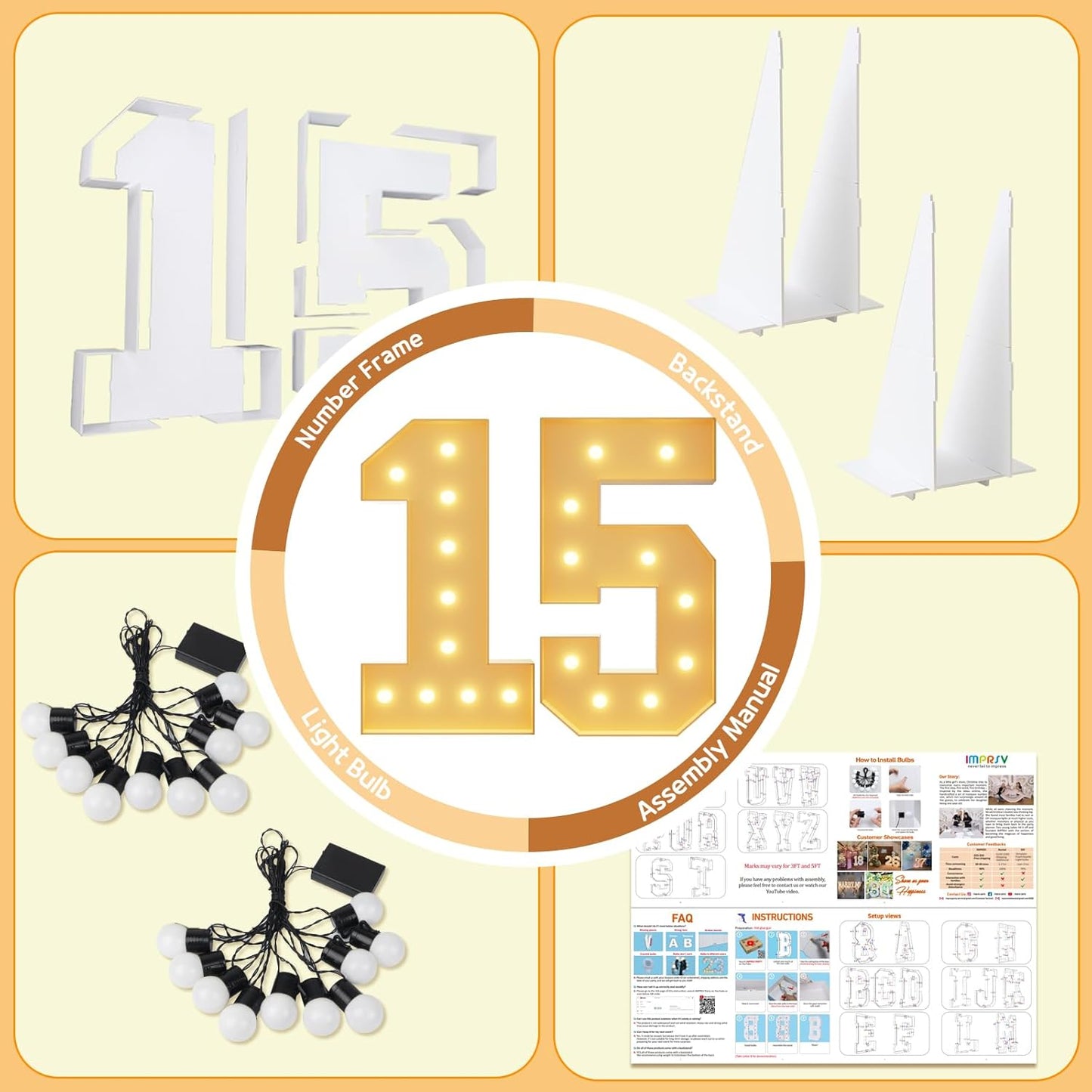 imprsv 4FT Light Up Numbers, Marquee Numbers 15th Birthday Decorations for Girls Boys, Large Light Up 15th Birthday Women Foam Board Anniversary Party Decorations Arch Kit (DIY)