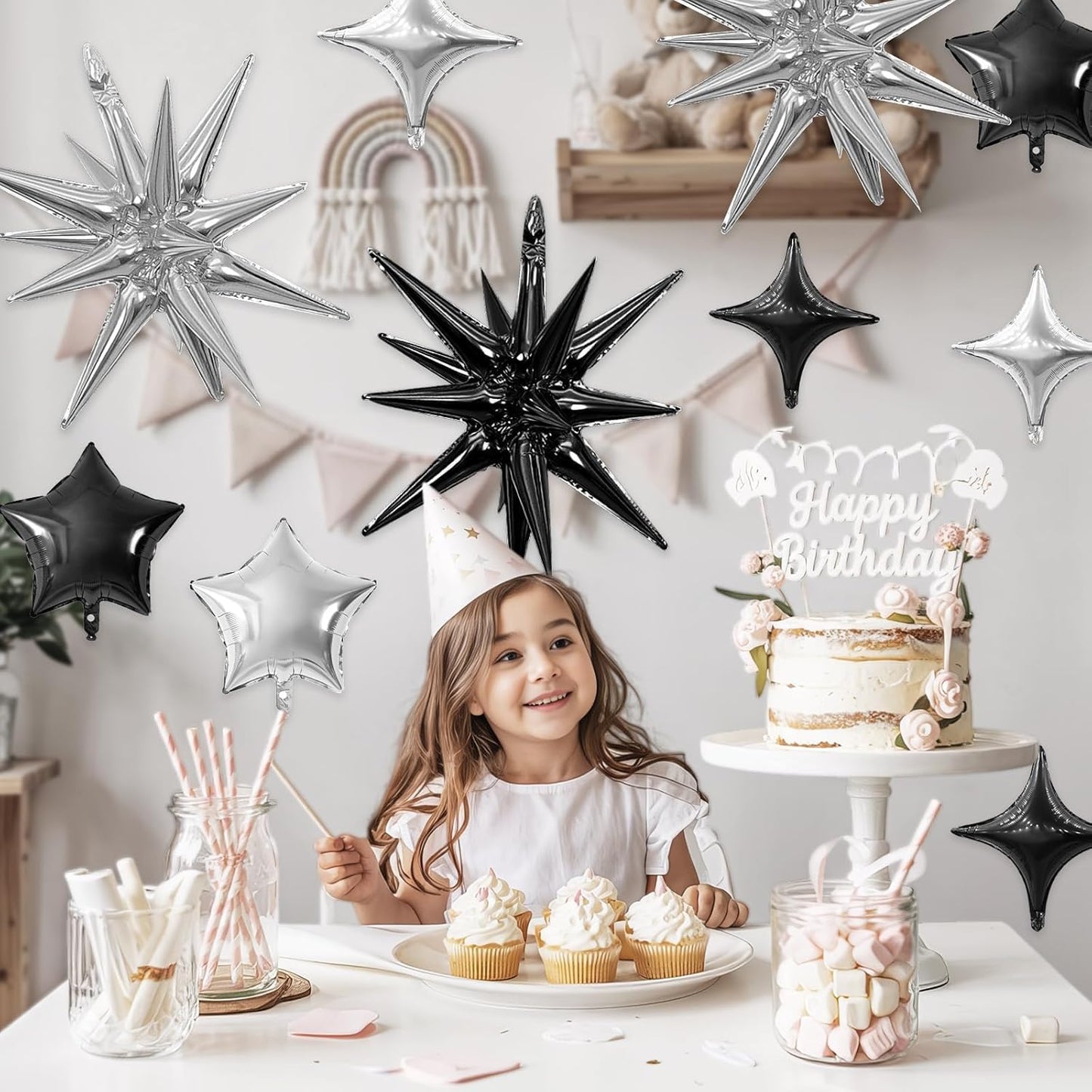 Black Silver Star Balloon,16Pcs Star Foil Balloons Set with 22Inch Explosion Spike Cone Balloons and 10Inch Quadrangle Helium Balloon for Birthday Wedding Baby Shower Party Decorations