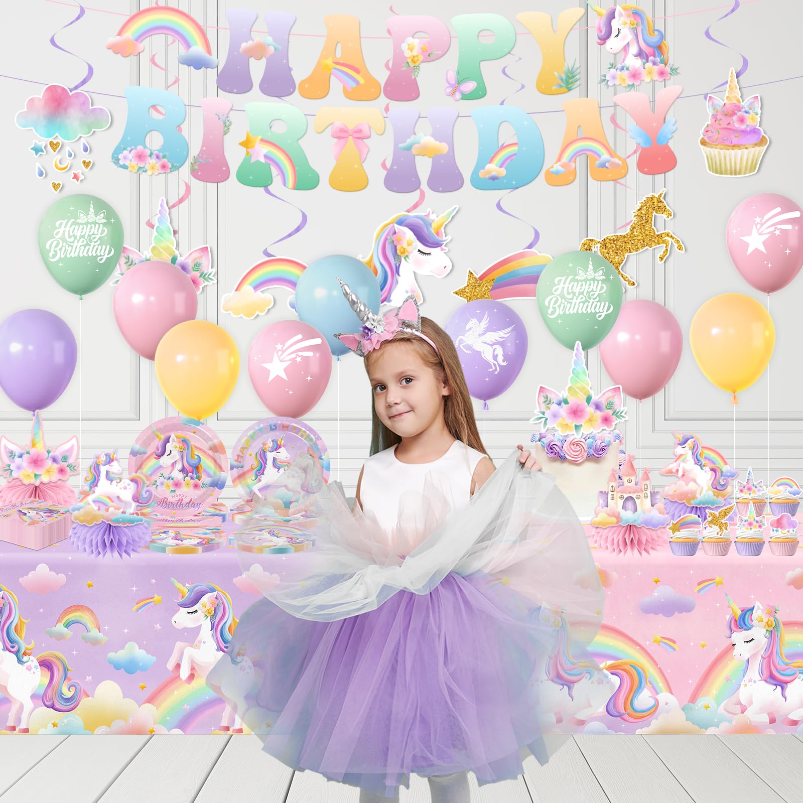 Unicorn Birthday Decorations,189pcs Unicorn Party Decorations Tableware Unicorns Plates and Napkins