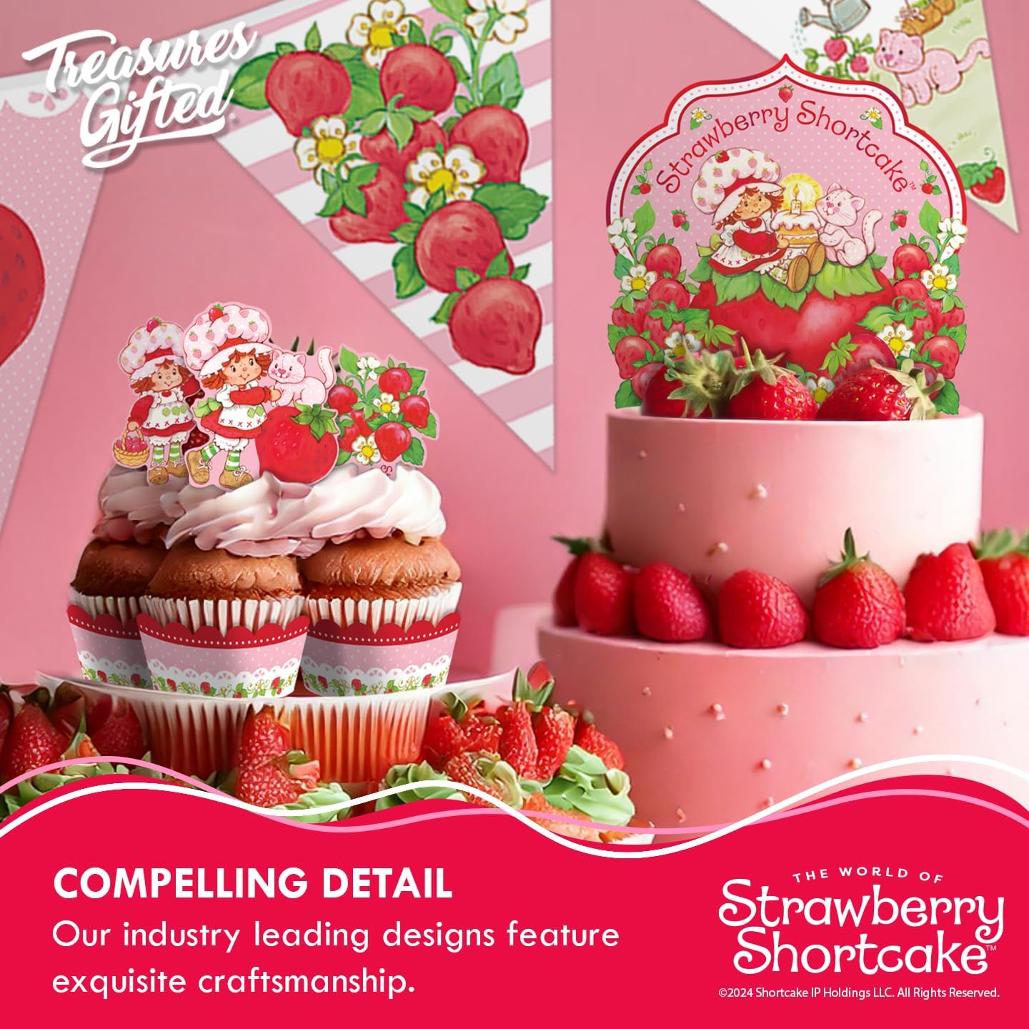 Treasures Gifted Officially Licensed Strawberry Shortcake Cake Decorations - 24 Cupcake Toppers & Wrappers - Strawberry Shortcake Baby Shower Decorations - Birthday Party Supplies