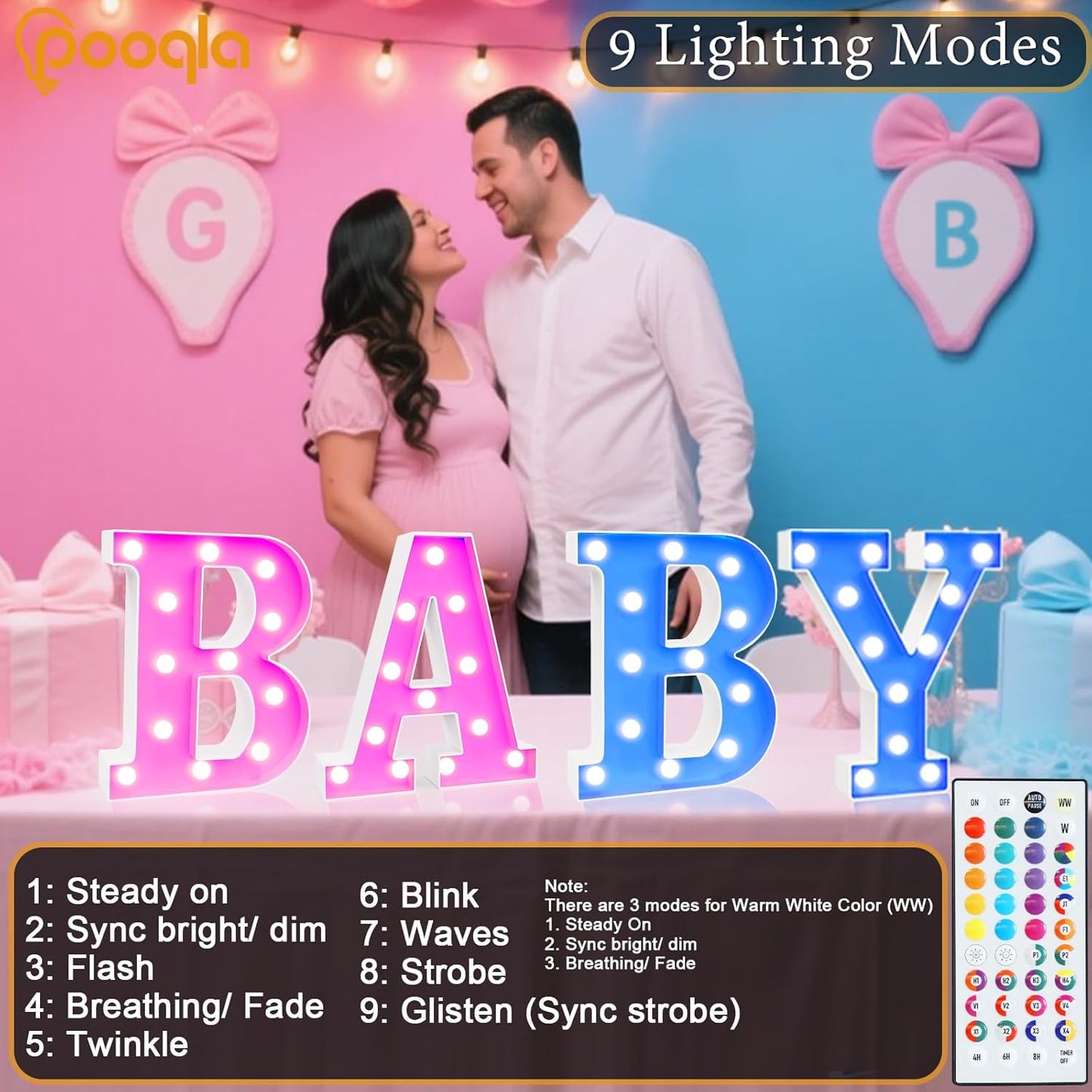 Pooqla Colorful Light Up Letters with Remote, Upgraded 35 Colors LED Marquee Letters, RGB Lighted Letter for Girls Teenager Gift, Birthday, Party, Wedding, Night Light, Room, Bedroom Decor, Letter E