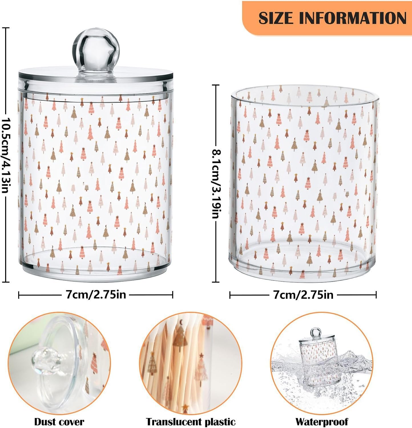 Gredecor 2 Pack Qtip Holder Clear Pastel Christmas Tree Pink Forest Apothecary Jars with Lids Acrylic Christmas Winter Bathroom Jars Vanity Canister Storage Organizer for Cotton Ball,Swabs,Pads,Floss