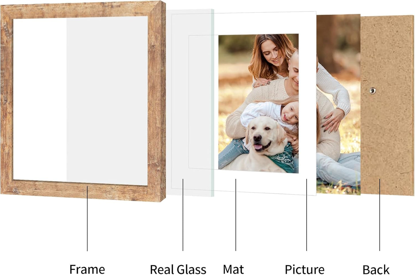 12x12 Picture Frame Set of 4 with Tempered Glass, Rustic Brown Frame Display 10x10 Pictures with Mat or 12 x 12 Without Mat, Wood Square Photo Frames for Desktop Display and Wall Mounting