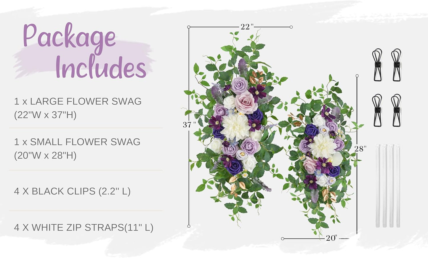 Wedding Arch Flower Kit of 2 - Artificial Flower Swag Wedding Welcome Sign Decorative Floral Swags for Wedding Reception Ceremony Signs Wedding Chair Ceremony Floral Decor (Lilac & Ivory)