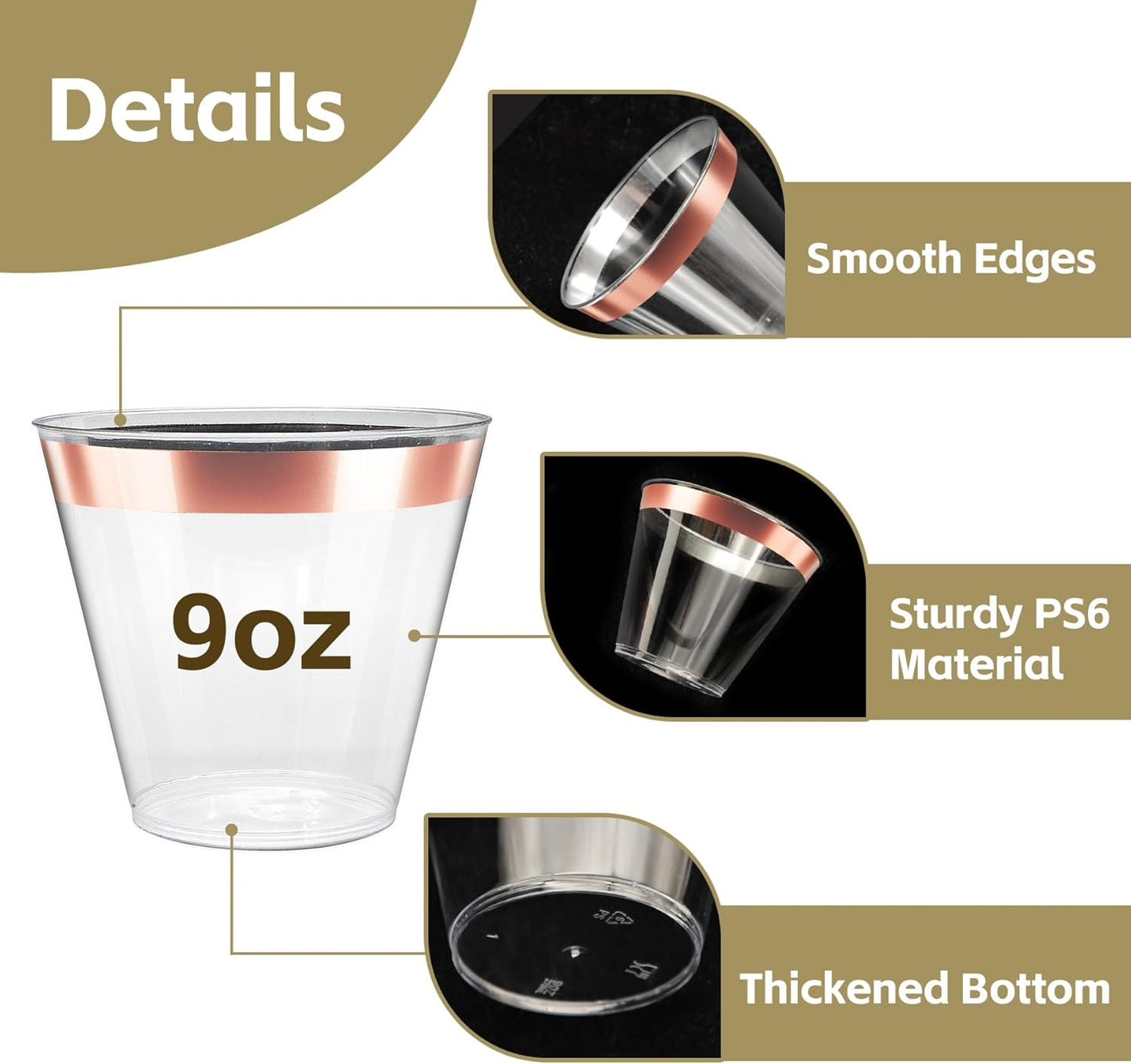 [200 Pack] 9oz Clear Plastic Cups with Rose Gold Rimmed Sturdy & Food Safe Disposable Wine Glasses Party Wedding Disposable Drinking Cups Plastic Cocktail Glasses for Wine, Juice & Cold Beverages