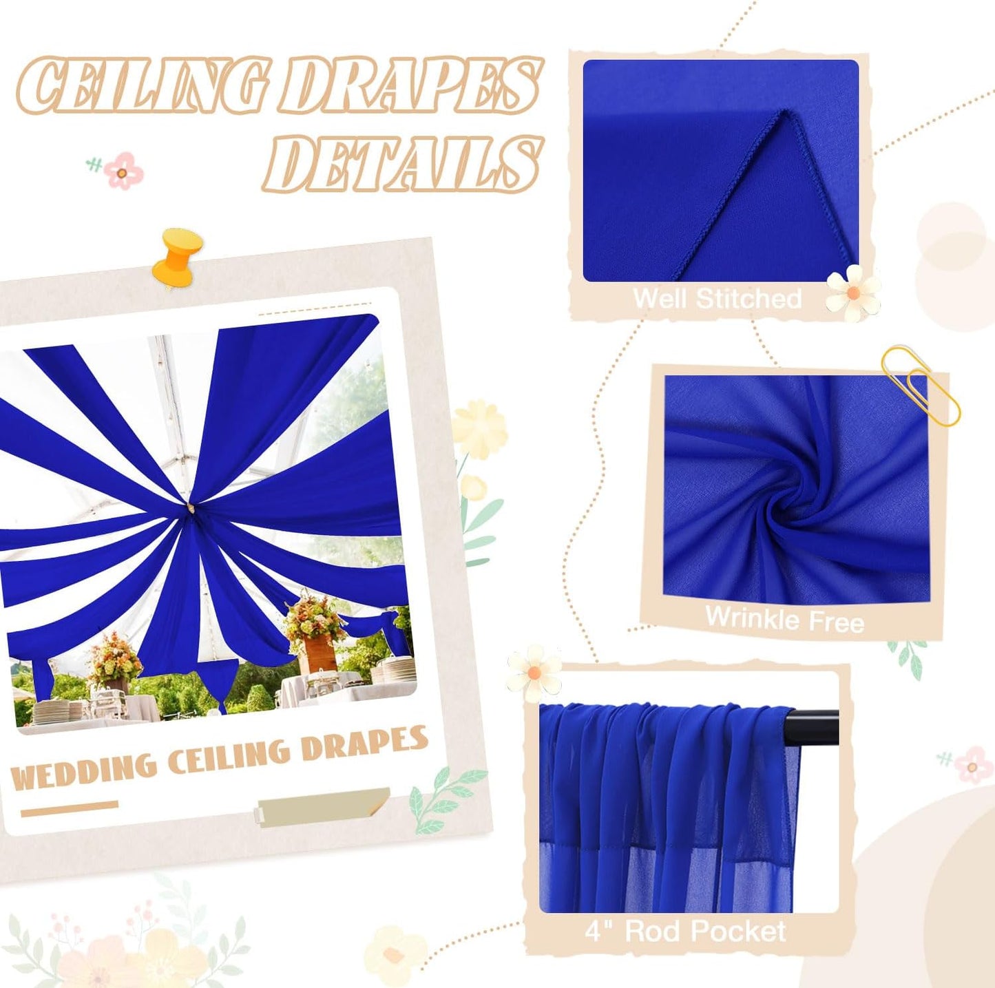 Blue Ceiling Drapes Wedding Arch Drapes Fabric 2 Panels 5FTx20FT Draping Fabric for Wedding Party Ceiling Decorations Arch Backdrop Chiffon Curtains Sheer Fabrics for Canopy Bed Outdoor Tent Decor