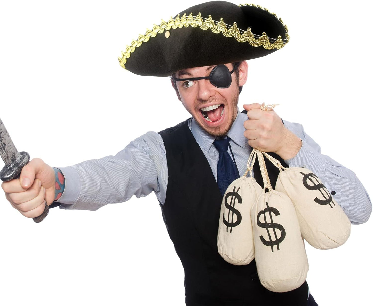 6 Pack Pirate Tricorn Hats Black Buccaneer Hat with Gold Trimming Pirate Captain Hat for Halloween Dress-up Party Supplies