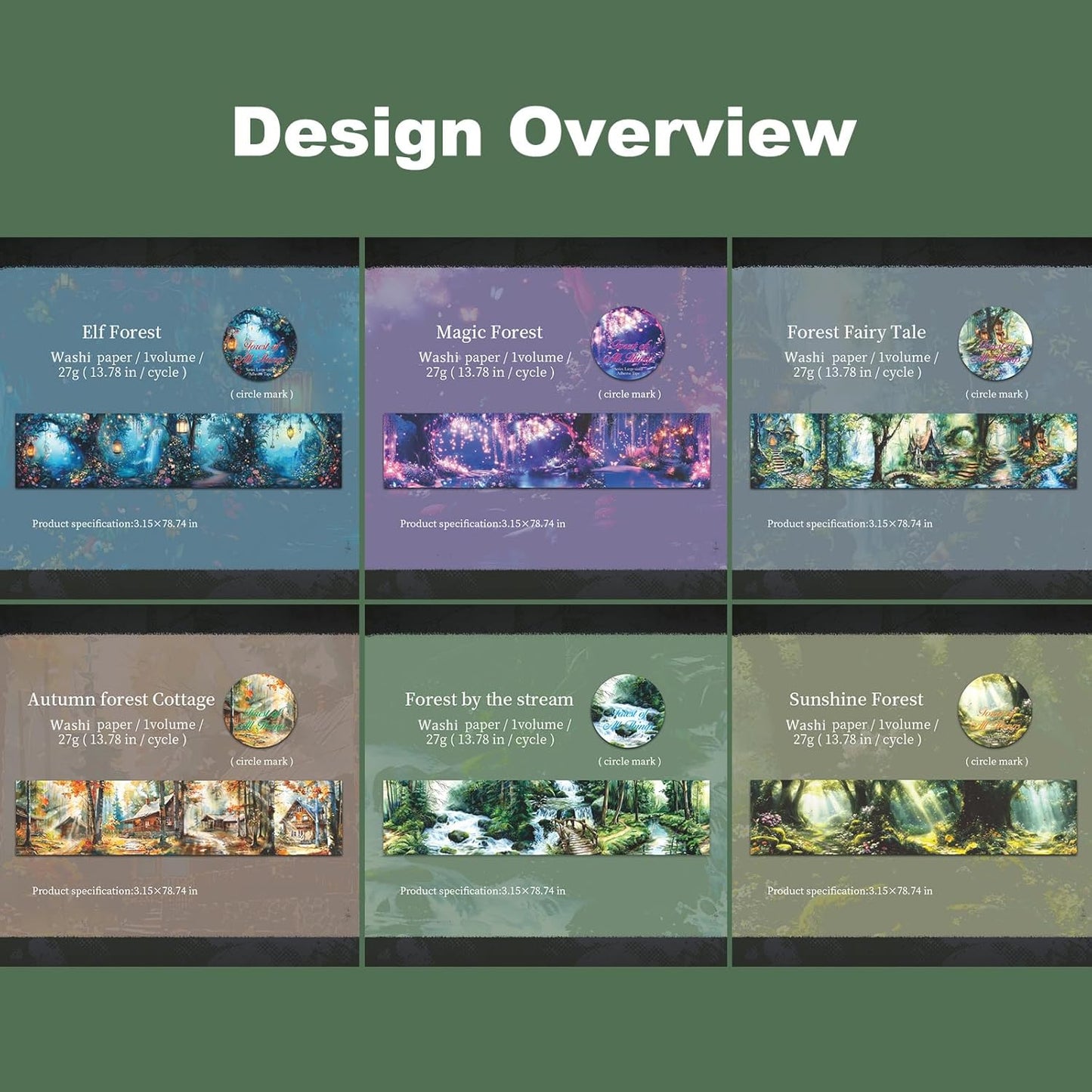 Forest-Themed Seamless Washi Tape Scrapbook Kit ??6 Rolls with Cottage, Waterfall & Fairy Forest Designs for Journaling, DIY Crafts, Gift Wrapping, Card Making and Decoration