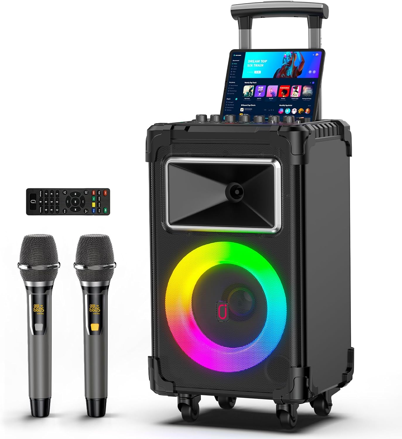 JYX Karaoke Machine with 2 Wireless Mics, 10" Woofer 500W Peak Power Big Portable Bluetooth Speaker with Bass/Treble Adjustment, PA System with Remote Control, LED Lights, Rolling Wheels and Trolley