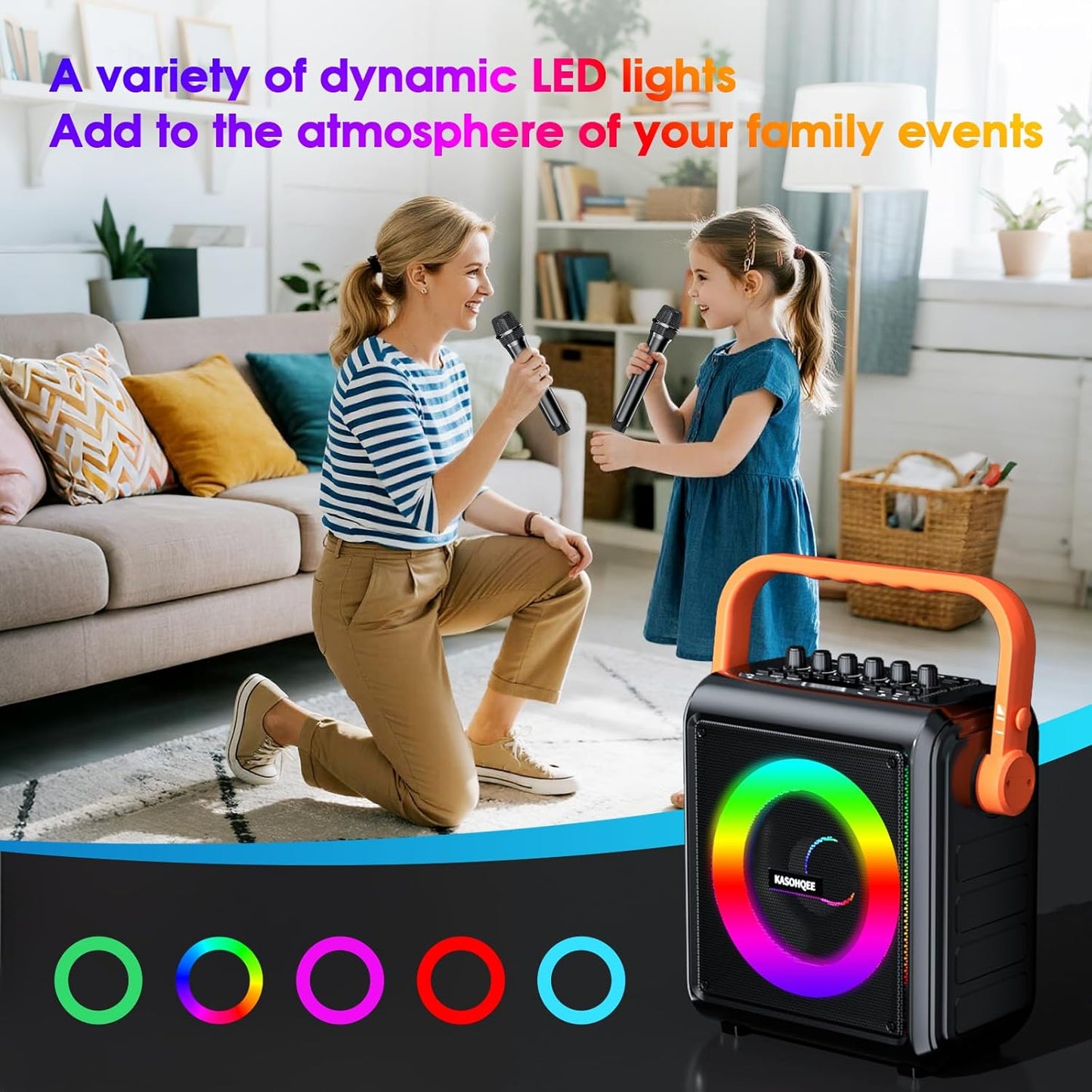 Karaoke Machine,8000mAh Portable Bluetooth Speaker with 2 Wireless Microphones for Adults & Kids,Microphone Speaker Set with Lights,Supports for TF Card,AUX in,FM,REC,for Parties,Outdoor,Home (HBL100)