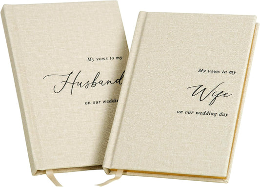 MUUJEE Hard Cover Vow Books (Set of 2) - Cream Canvas Linen Foil Embossed Wedding Ceremony Vow Renewal Speech Books, Couple Gifts for Engagement (To My Husband/Wife)