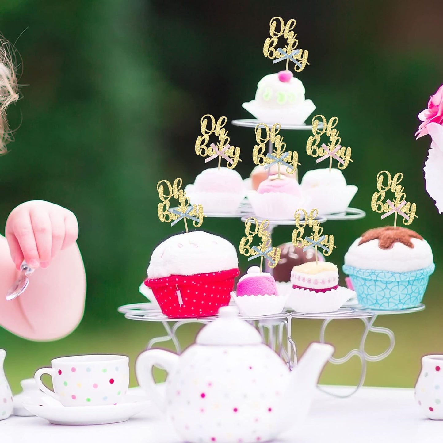 Gyufise 36Pcs Oh Baby Cupcake Toppers with Blue Pink Bowknot Gold Glitter Baby Shower Cupcake Picks Gender Reveal Cupcake Topper Decorations for Gender Reveal Baby Shower Kids Birthday Party Supplies