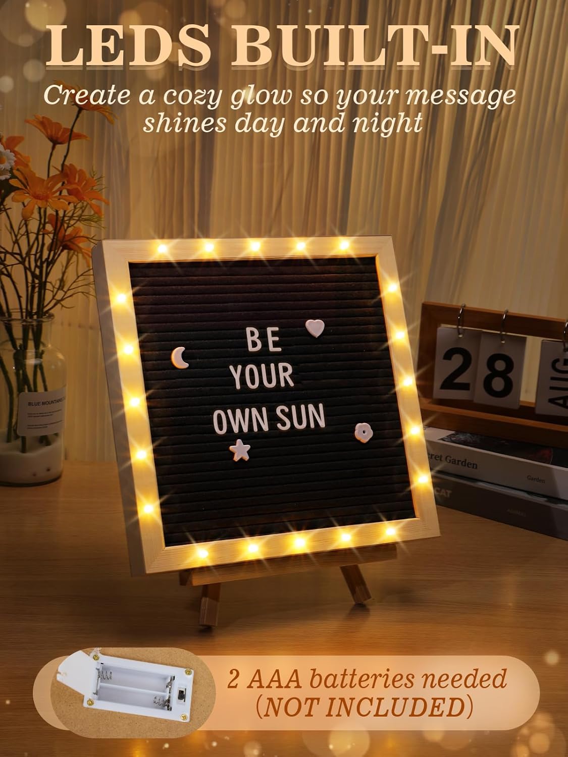Light up Changeable Felt Letter Board Sign with LED Lights - 10×10" Message Board & Wood Stand & 450 Letters, for Halloween/Birthday/Event/Pregnancy/Baby Announcement/Home Wall Decor Gifts, Black