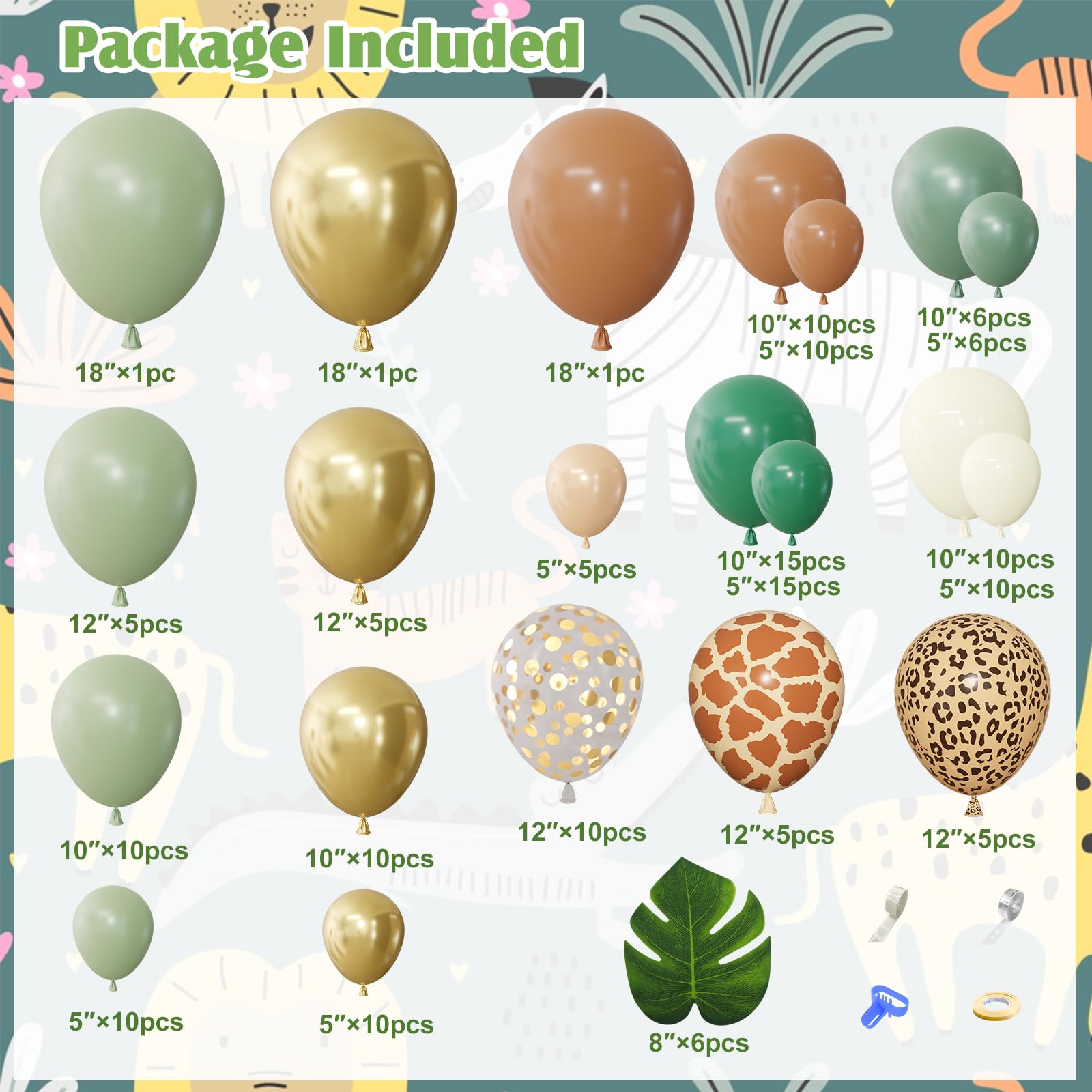 170Pcs Jungle Safari Balloons Arch Garland Kit with Palm Leaves