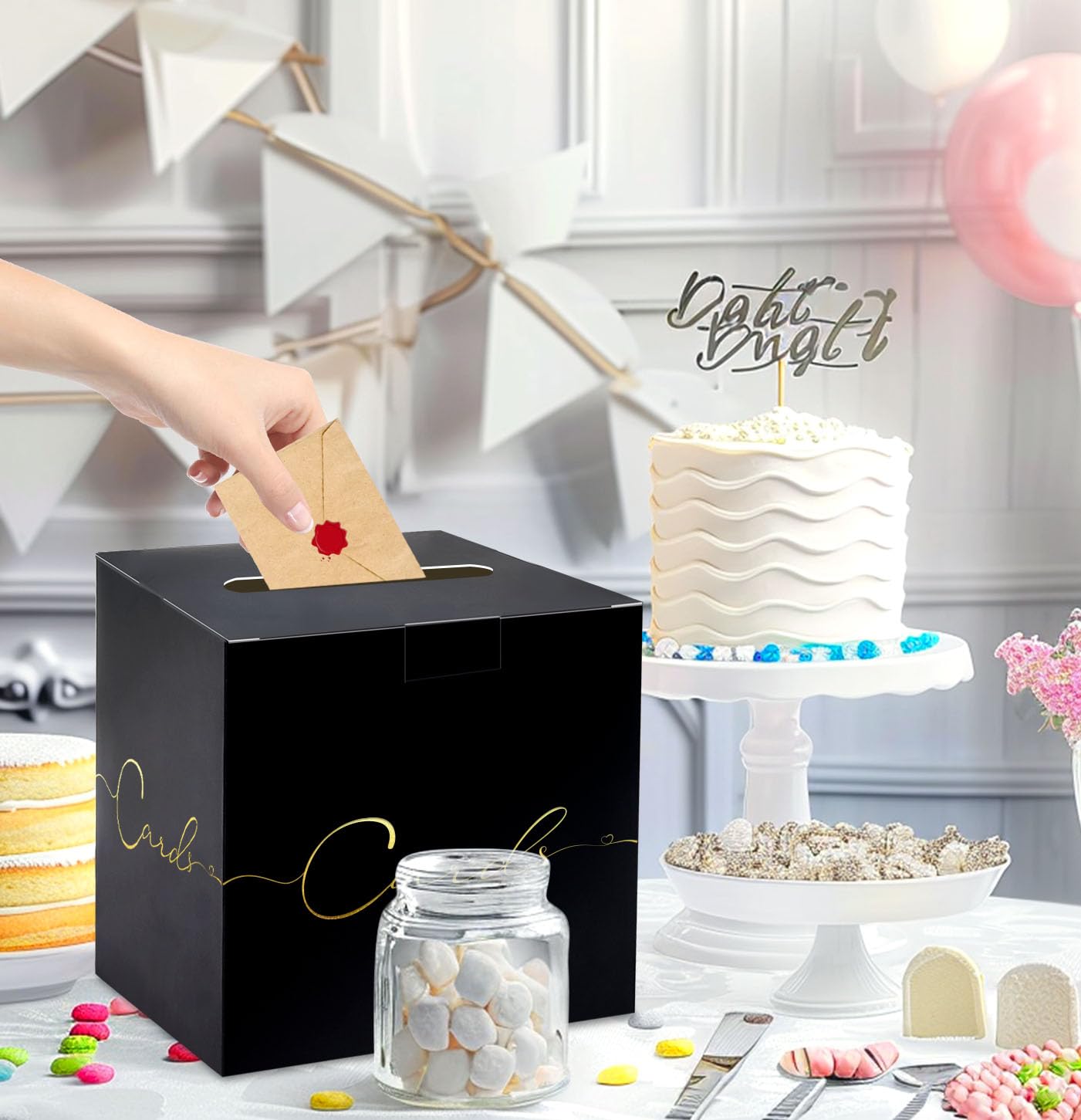 HEIPINIUYE Large Card Box for Party 9.8" x 9.8" Black Gift Card Box Holder with Gold Foil Design