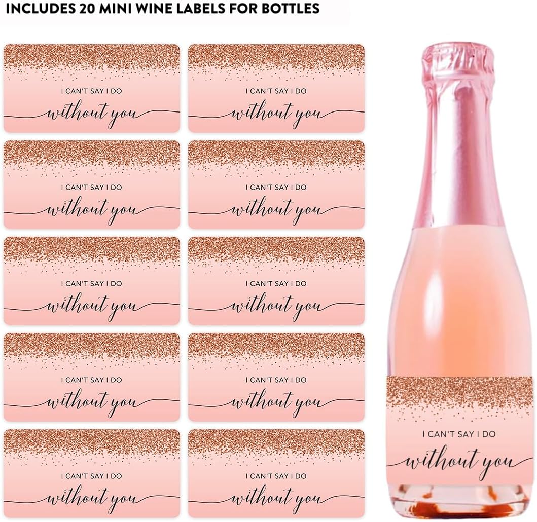 Andaz Press Mini Champagne Wine Bottle Labels, I Can'T Say I Do Without You, Blush Pink Faux Rose Gold Glitter, 20-Pack Bride Bridesmaid Proposal Stuffers