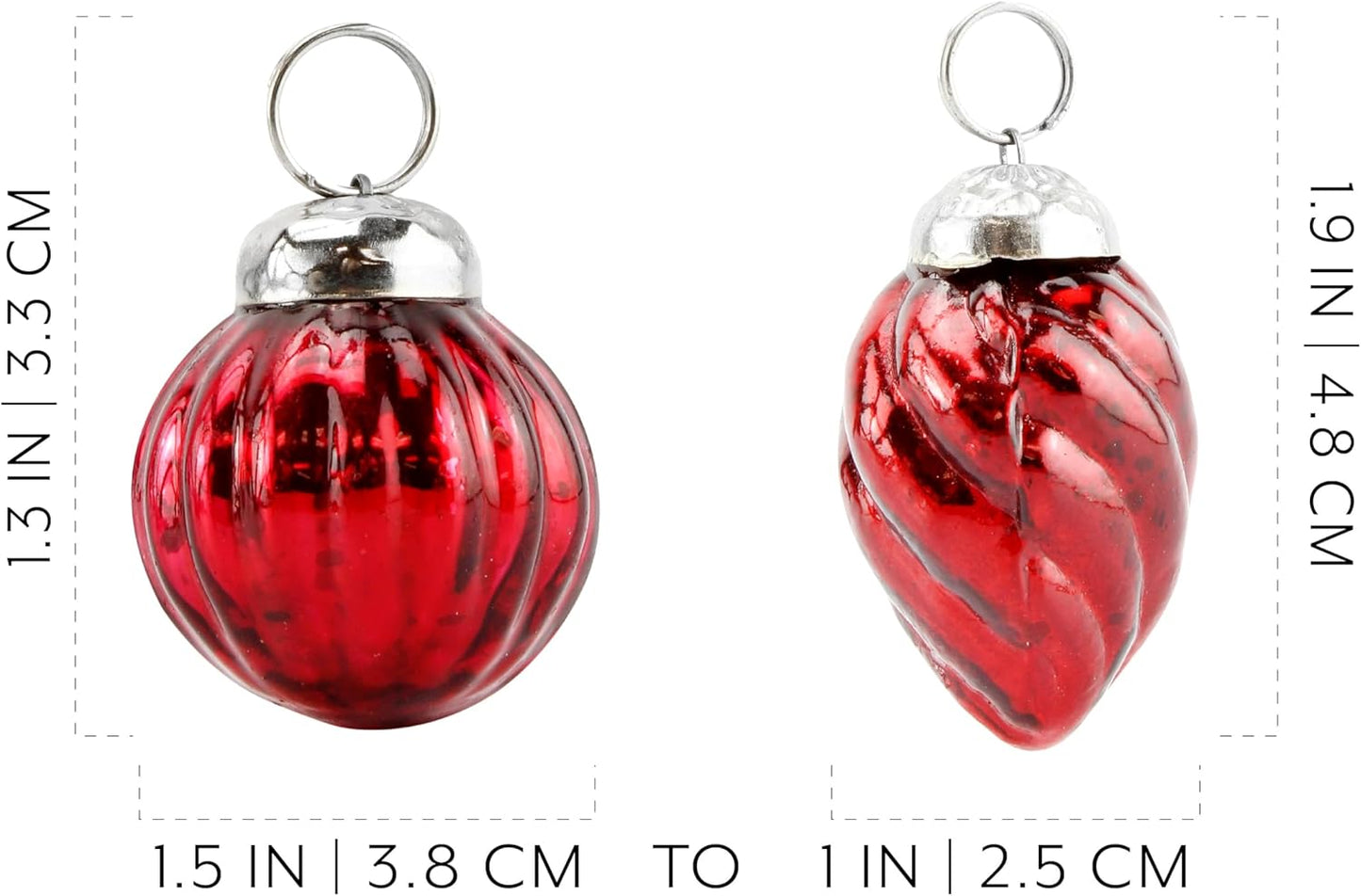 AuldHome Mercury Glass Finial Ornaments (Set of 12, Red, Small); Distressed Metal Antique Style Christmas Tree Decorations; 1.3 to 2-Inch Size