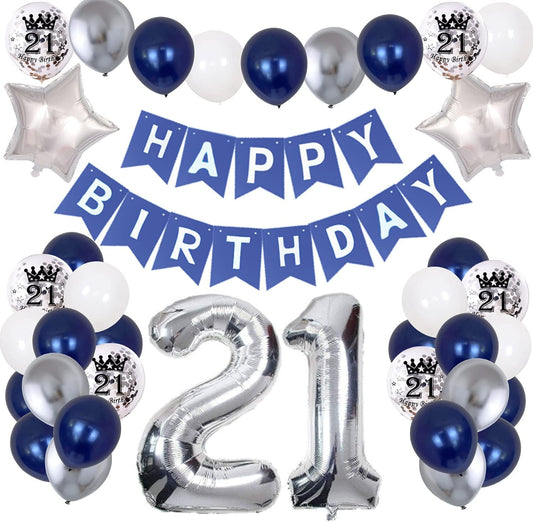 21st Birthday Decorations for Men - Happy Birthday Banner, Foil Number 21 Balloons, Silver Navy Blue Theme Party Supplies