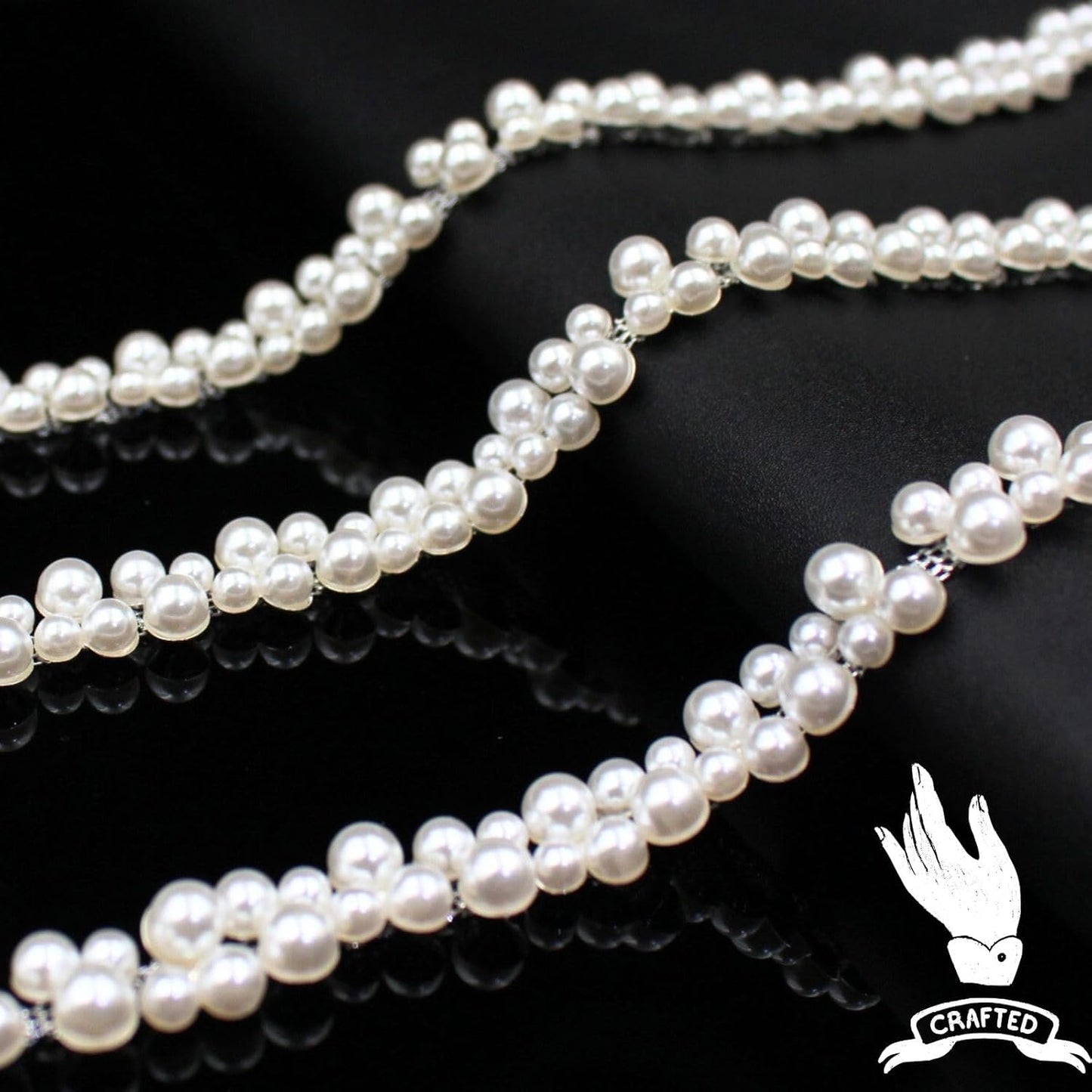 1 Yard Pearl Trim Chain String Silver Applique Fringe Ribbon Strips Beads Sewing Dress DIY Party Wedding Bouquet for Decoration Bridal Costume Embellishment