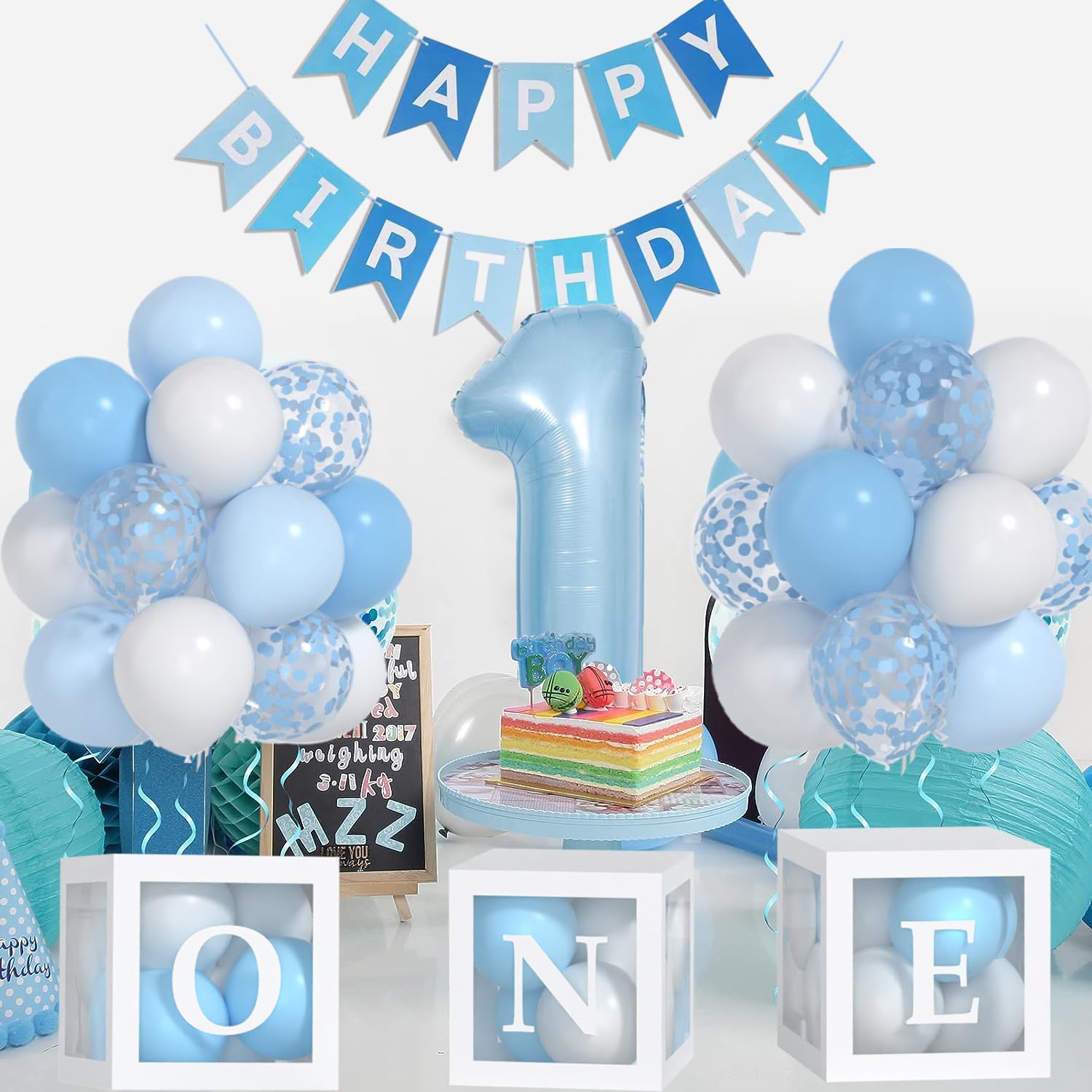Yumiche First Birthday Decorations For Boy-40 Inch Blue 1 Number, Baby Blue White Balloons, Happy