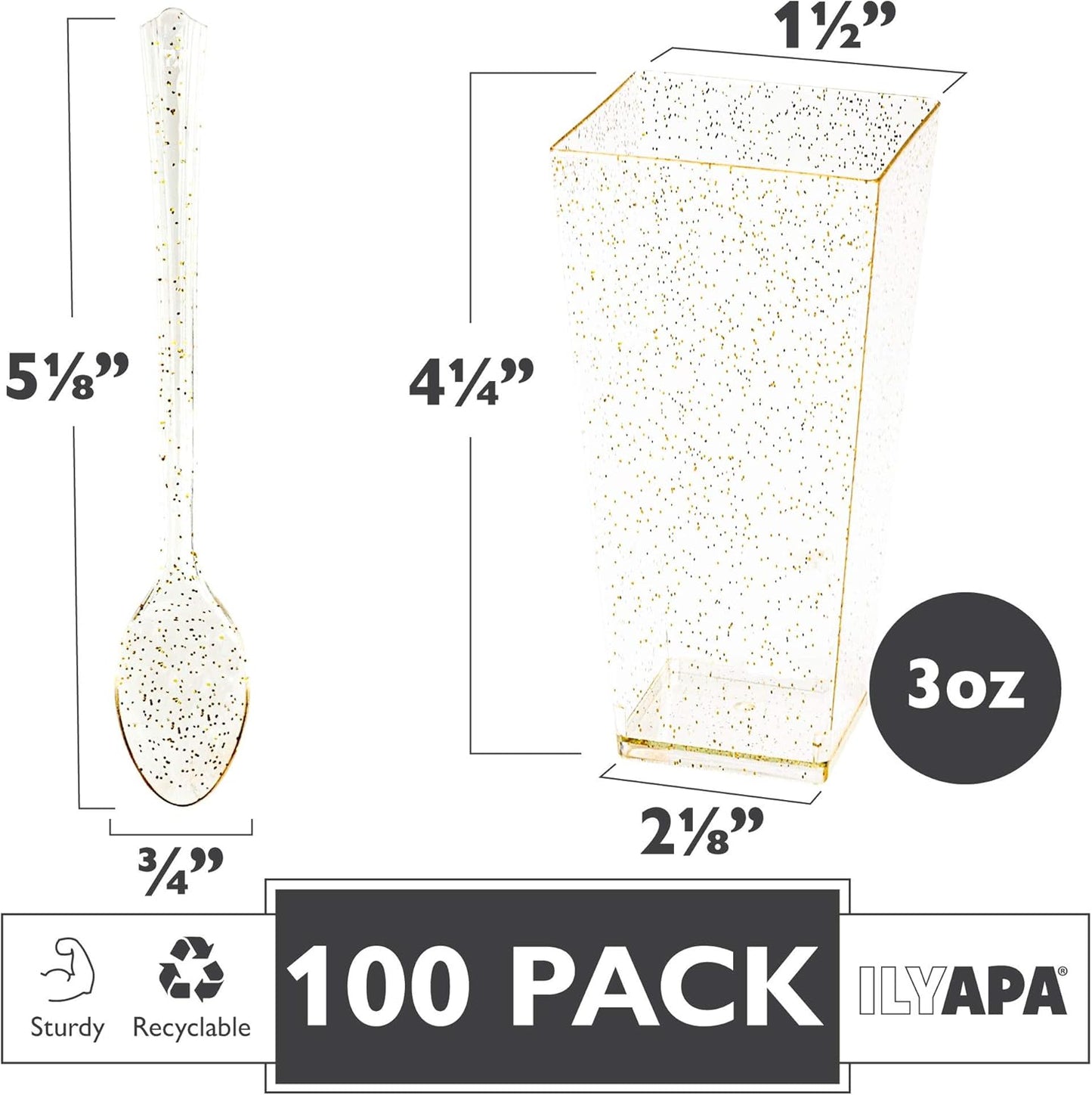 Ilyapa 3oz Plastic Dessert Cups - 100 Pack Mini Dessert Cups with Spoons - Clear Reusable Small Appetizer Cup for Cheesecake Shooters, Chocolate Mousse - Party and Catering Supplies - Square Gold