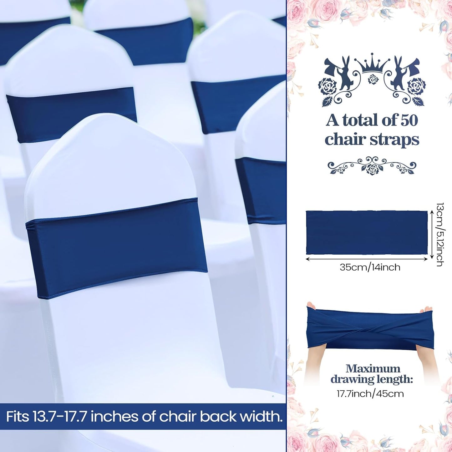 Kinlop 50 Pcs Spandex Chair Sashes Bows Chair Bands Slider Sashes for Covers Elastic Bands Ties Without Buckle Decorations for Wedding Party Events Ceremony Birthday(Navy Blue)