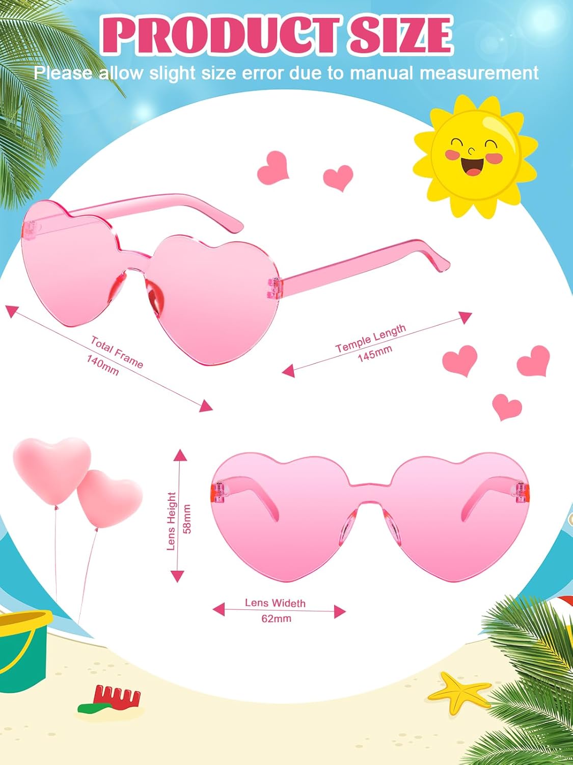 12 Pairs Heart Shaped Sunglasses for Women Colorful Glasses Fun Trendy Transparent Heart Sunglasses Party Favor (Multiple Pink)
