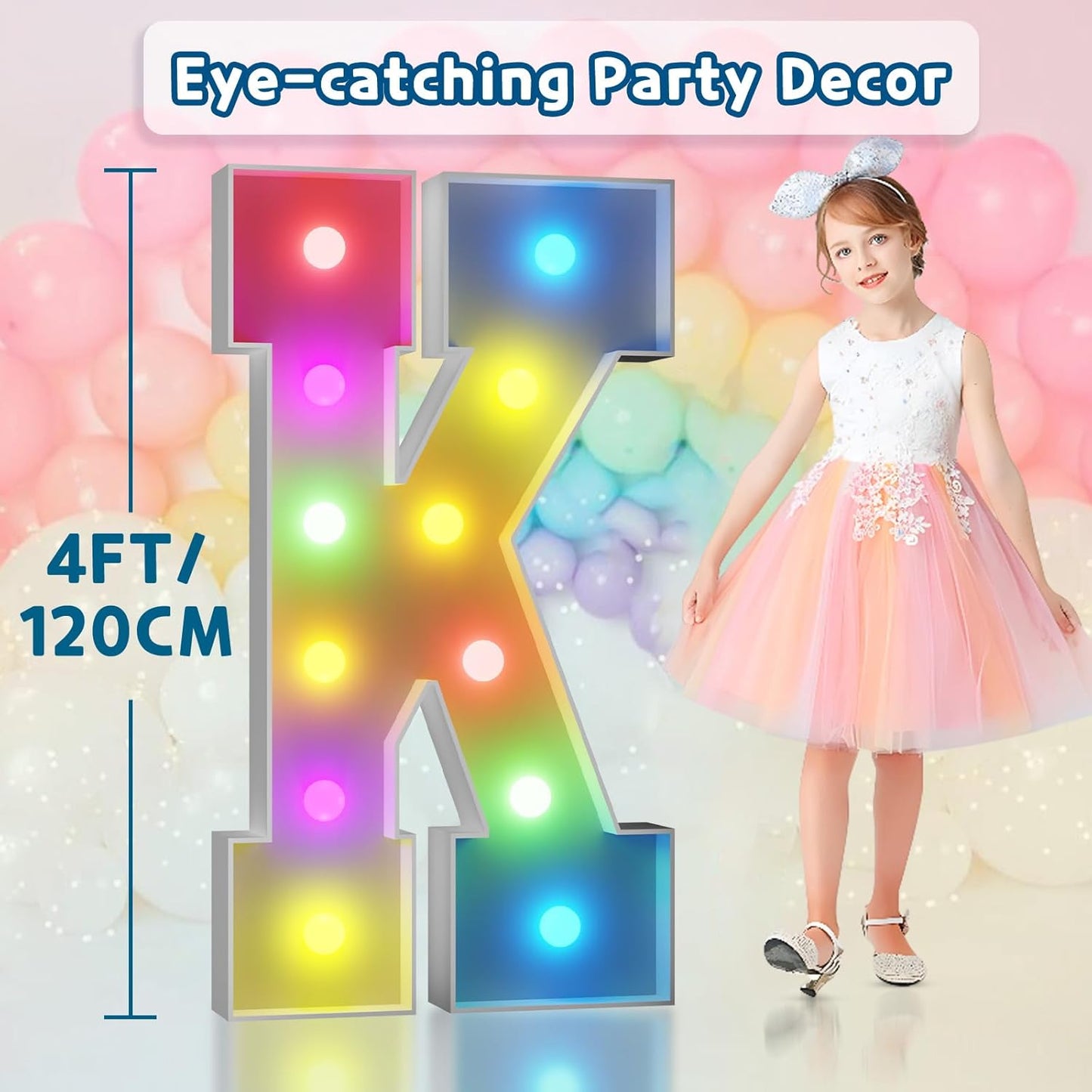 imprsv 4FT Colorful Marquee Light Up Letters K, 18 Colors Large Light up Letters Alphabet Sign with Remote, Large Marry Me Sign, Birthday Party Decorations Baby Shower Anniversary Wedding Decoration