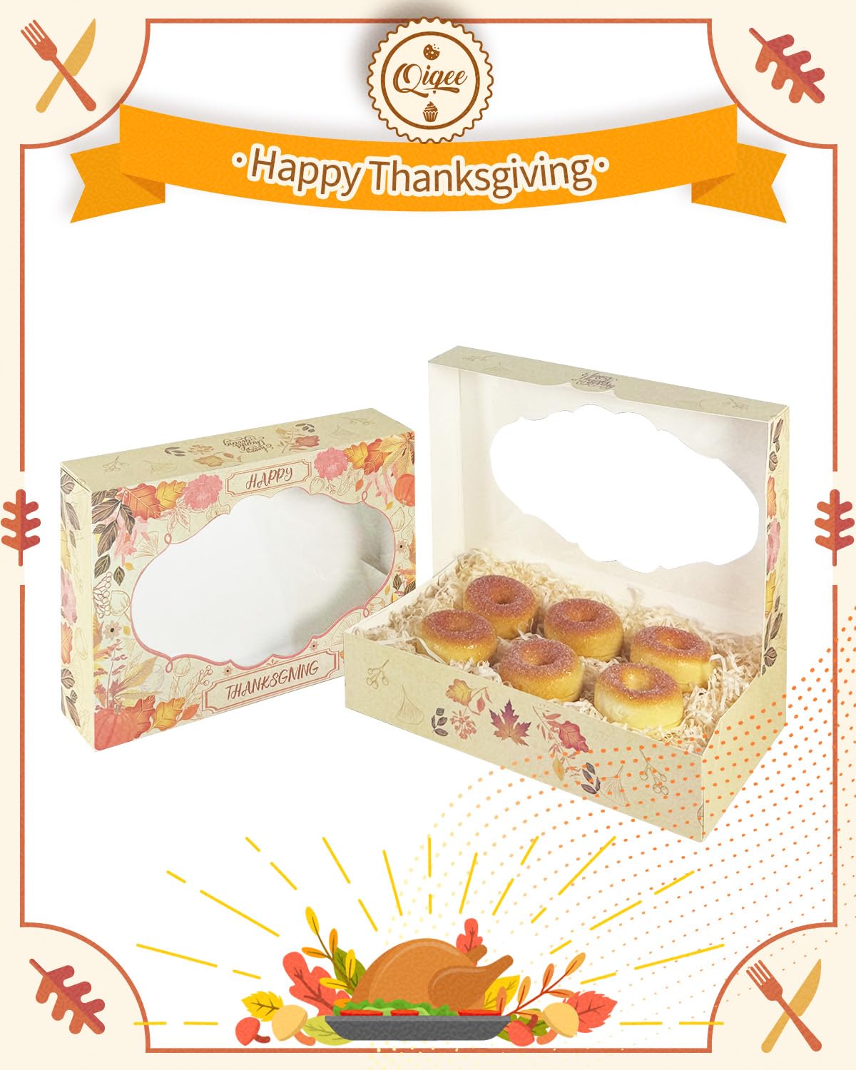 qiqee Thanksgiving Cookie Box with Window 12x8x2.5 inch 32 Packs Two Uses One Second Folding Pastry Biscuit Retro Leaves Bakery Box for Packaging Auto-pop up