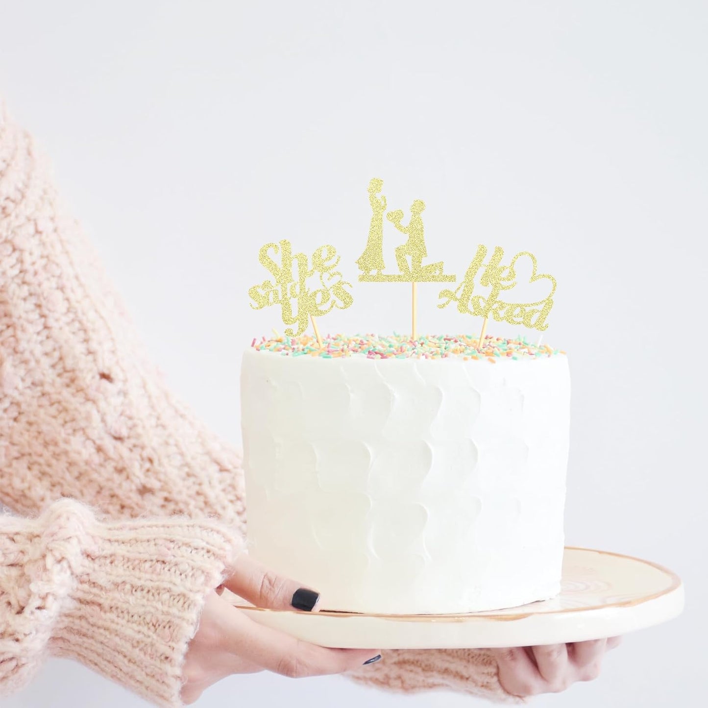 Sotpot 24PCS He Asked She Said Yes Cupcake Toppers With Heart Gold Glitter for Wedding Bridal Shower Wedding Engagement Party Cake Decorations