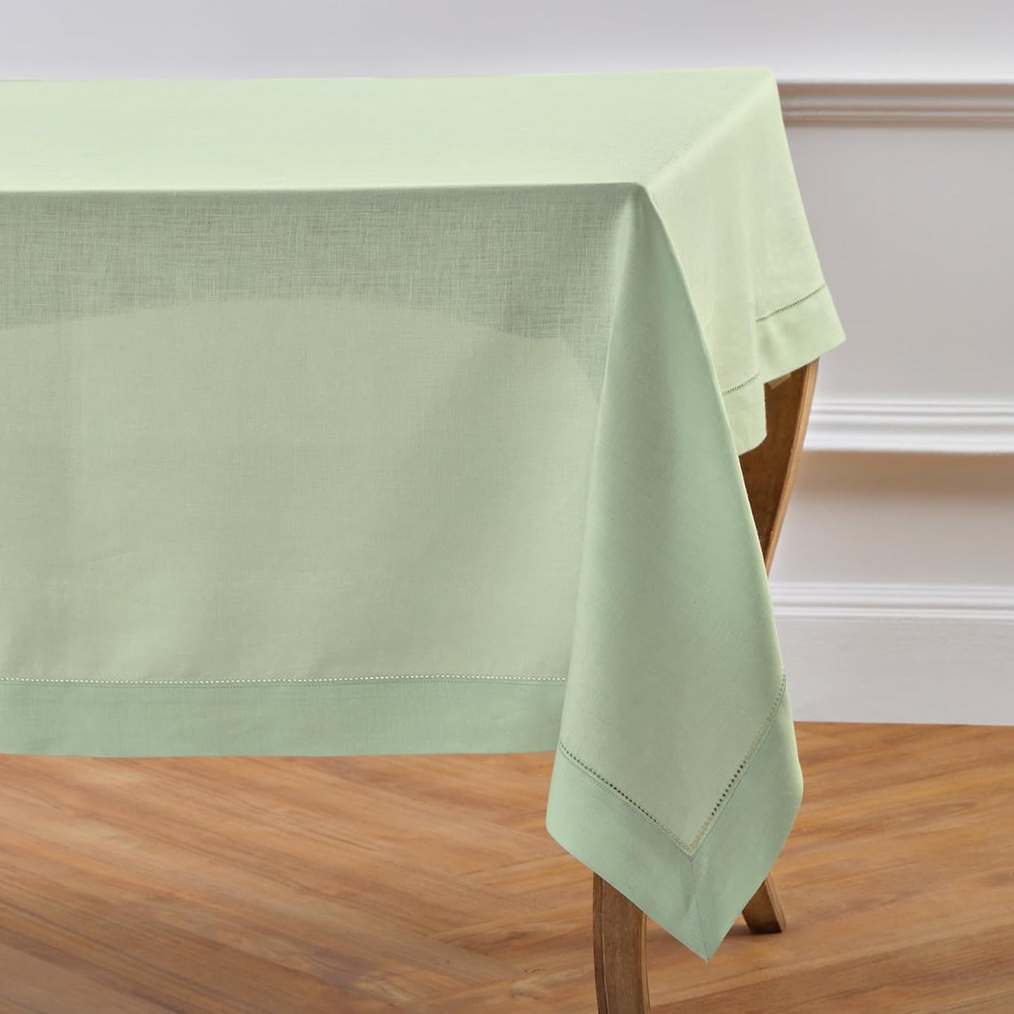 Solino Home Linen Tablecloth for Rectangle Tables 60 x 90 Inch - Classic Hemstitch 100% Pure Linen Light Green Table Cloth - Machine Washable Cloth Tablecloth