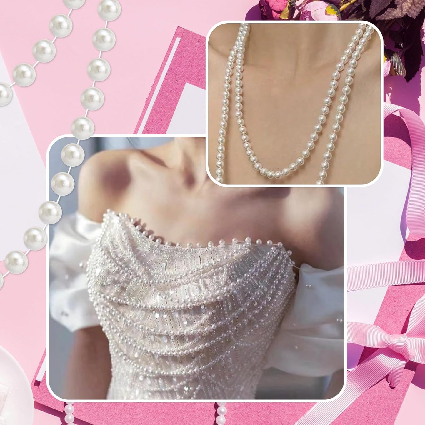 99 Feet 3mm Faux Ivory Pearl Strings Garland for Crafts, Artificial Small Pearl Beaded Trim Chain Strands for Wedding Centerpieces Party Decoration Christmas Tree Garland, Ivory