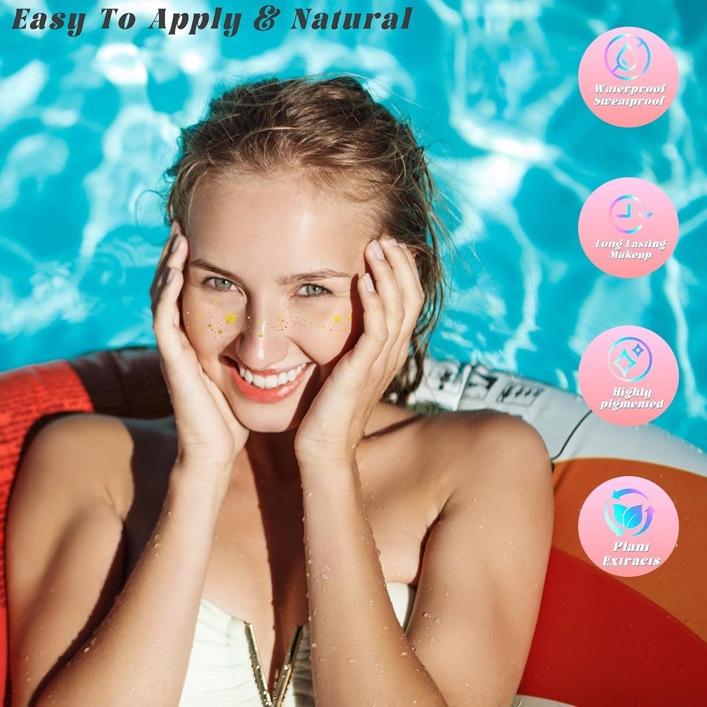 Glitter Freckles, 24PCS Glitter Freckles Face Tattoo, Sparkle Freckles for Women, Waterproof Gold Temporary Face Tattoos Glitter Glow Up Patches Makeup Patches (Multicolored 10pcs)