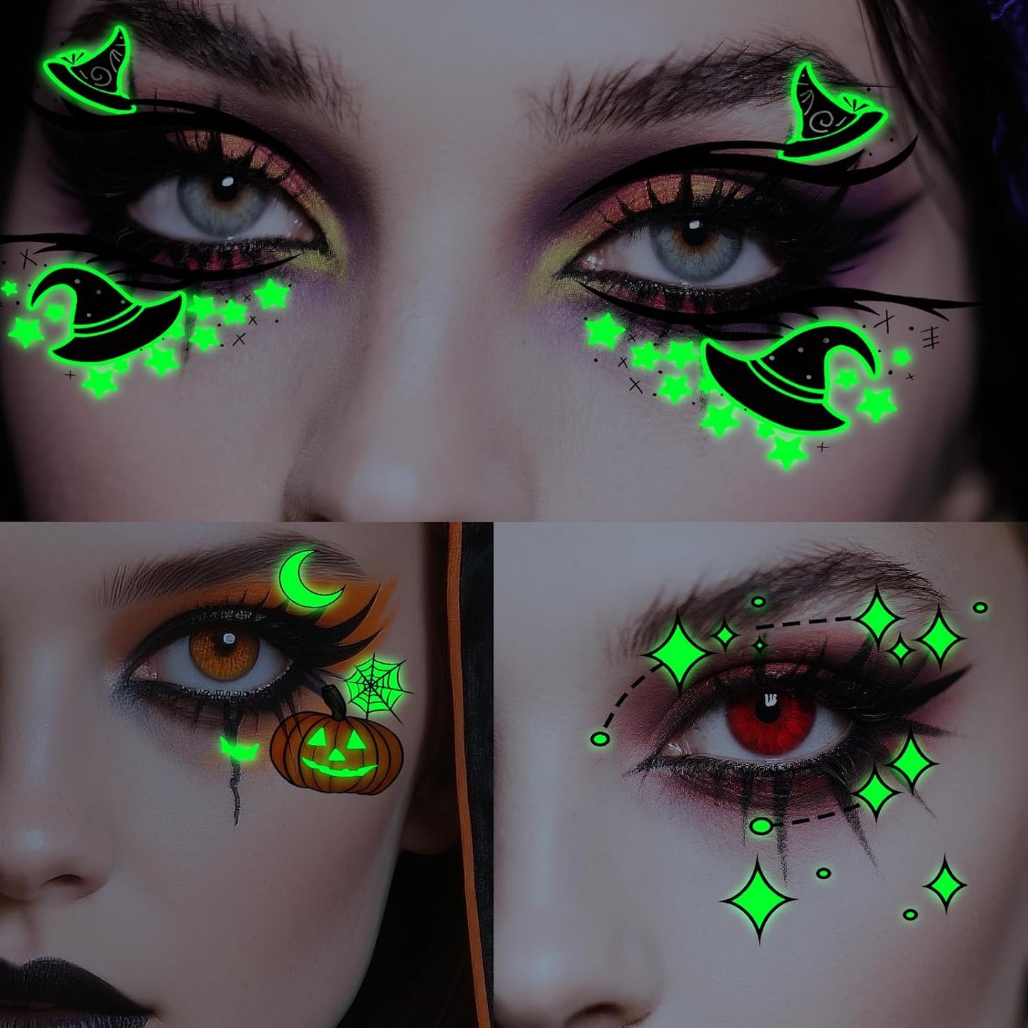 24 Pairs Halloween Luminous Eye Shadow Temporary Tattoos, Eyeliner Tattoo Stickers Spider Web Bat Pattern, Glow in the Dark Eyeliner Fake Tattoos for Women Men Eye Makeup Halloween Party Supplies