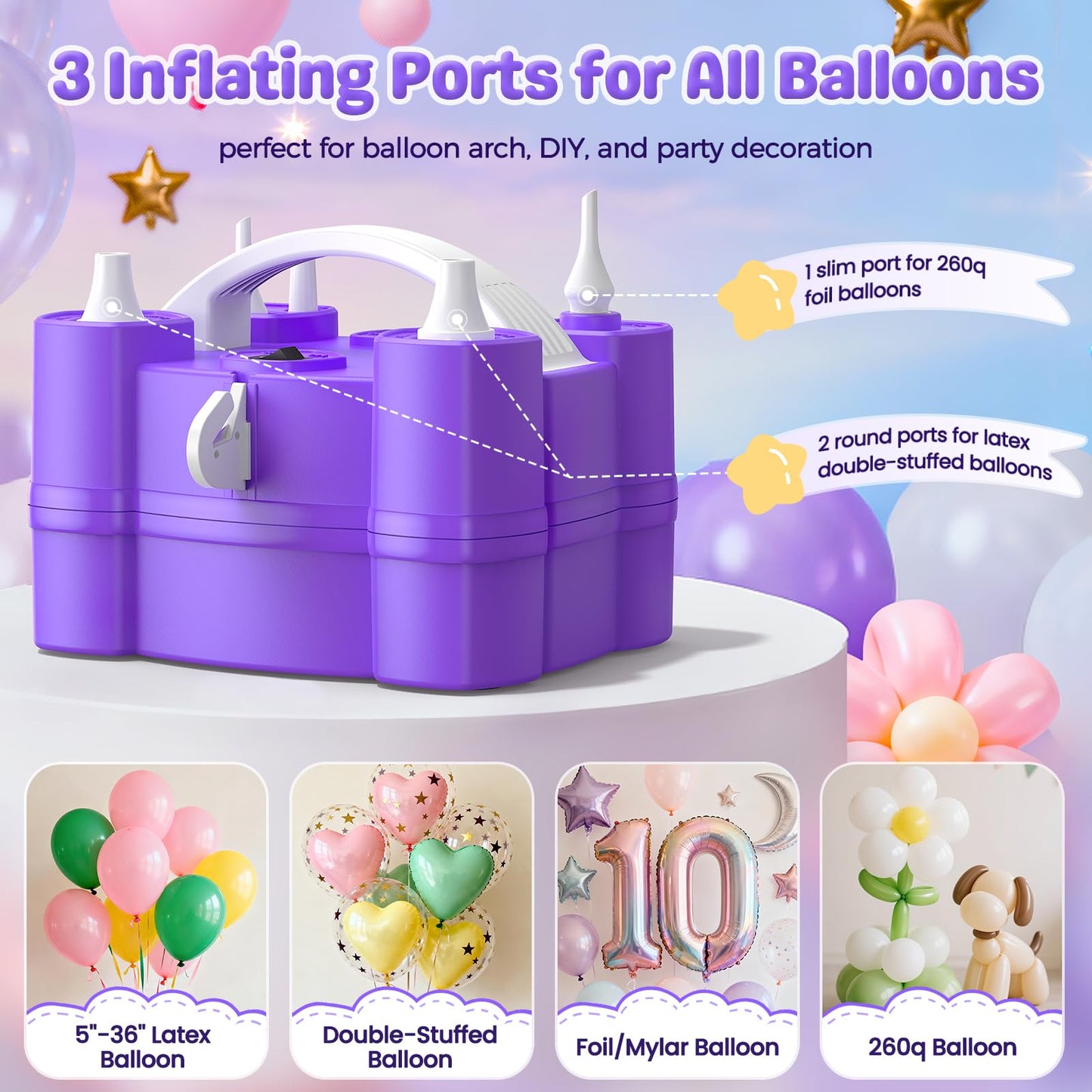 Electric Balloon Pump, 4-in-1 Triple Nozzles for All Balloons - Purple