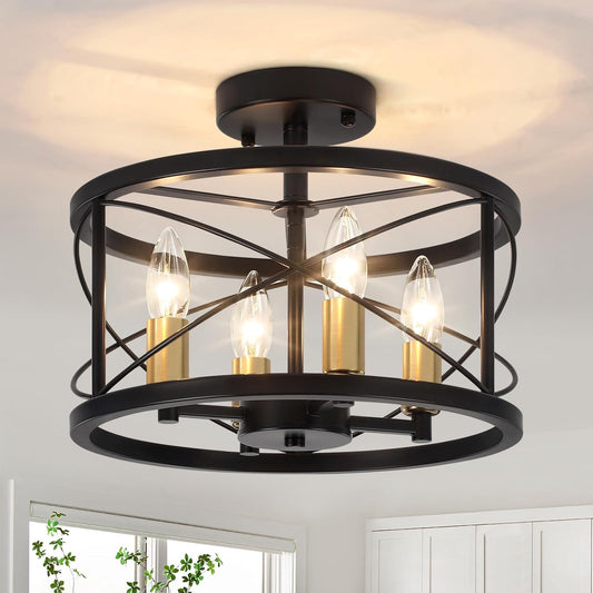 Black and Brushed Gold Semi Flush Mount Ceiling Light, Farmhouse Modern Light Fixture, Hallway Light Fixtures, 4-Light Ceiling Lamp for Kitchen, Entryway, Laundry Room, Bedroom Lighting, UL Listed
