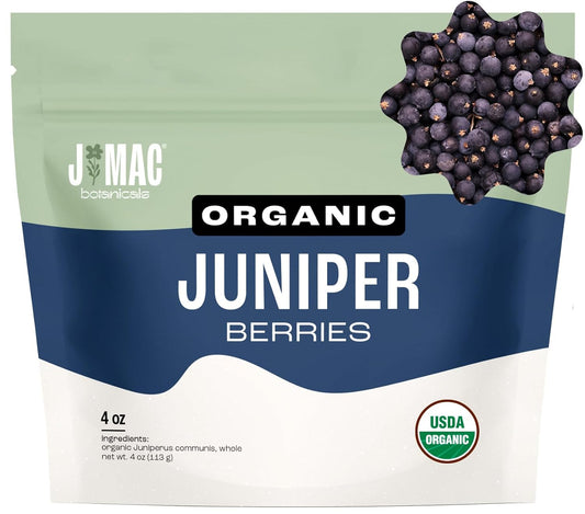 J MAC BOTANICALS, Organic Whole Juniper Berries, Certified Organic, juniper for herbal infusions, cooking and seasoning beef, pork, turkey brine, soups, syrups, cocktail bombs (4 oz)
