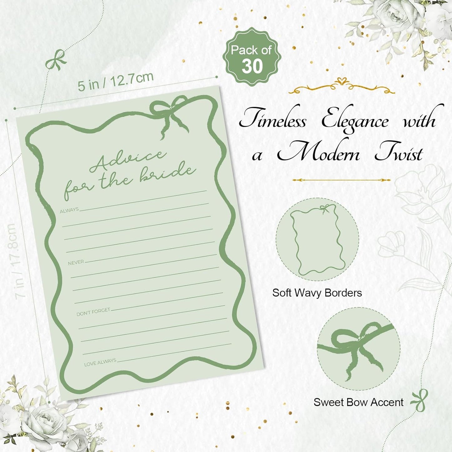 DEEKA 30 PCS Bridal Shower Games Card for 30 Guests Sage Green Wavy Border Ribbon Bow Funny Wedding Bachelorette Party Games for Reception (Advice for The Bride)