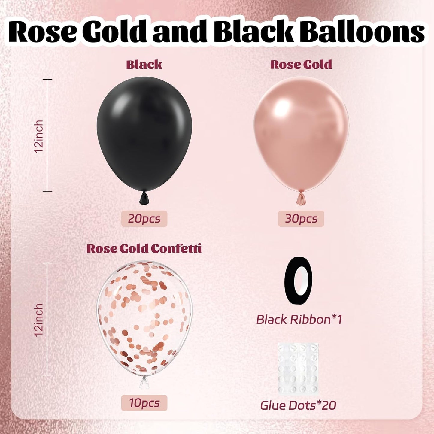 60pcs Rose Gold and Black Balloons 12inch with Rose Gold Confetti Balloons for Wedding Graduation Baby Shower Birthday Party Decoration