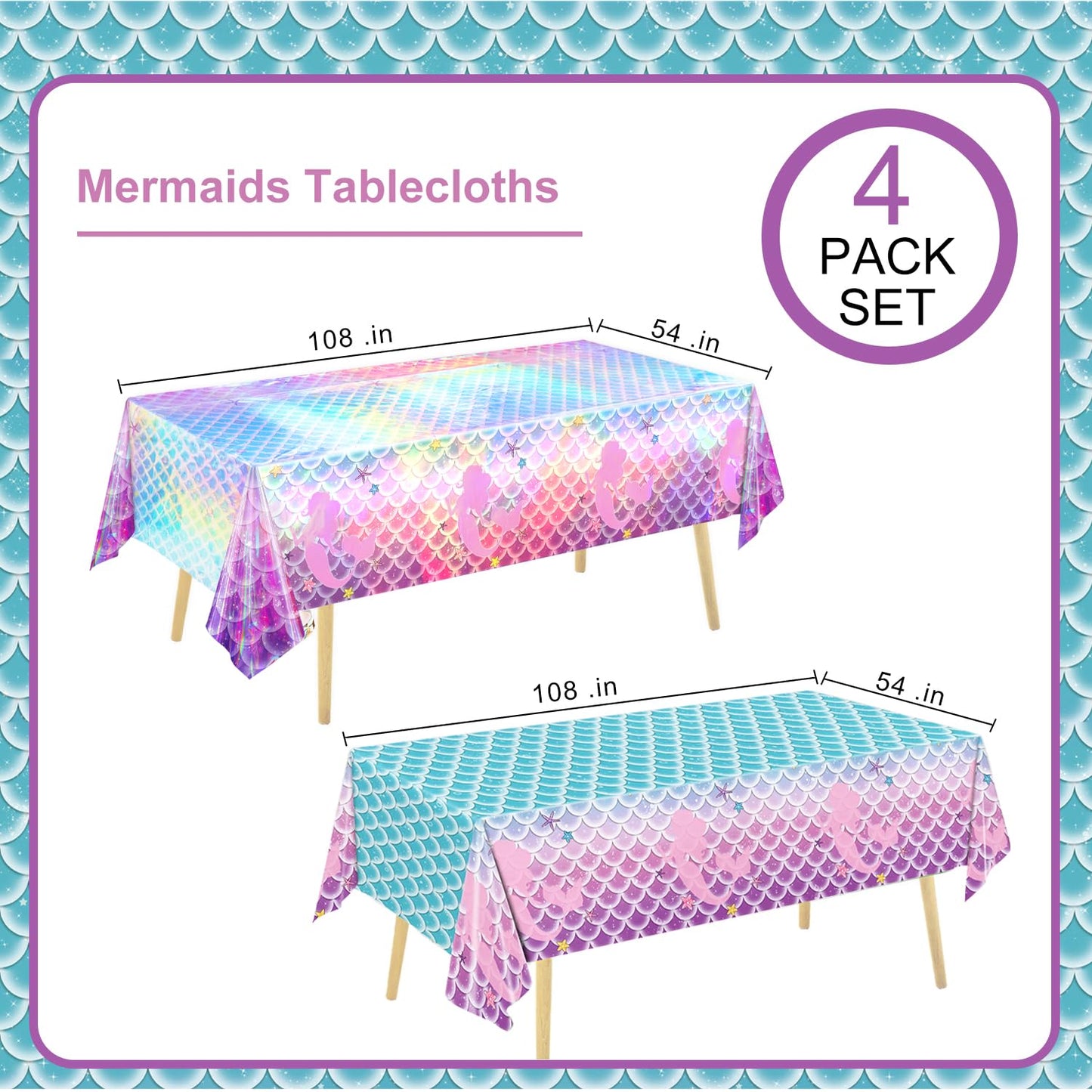 NKPDAXM 4 Pack Mermaid Tablecloth Mermaids Laser Table Cover for Mermaid Birthday Party