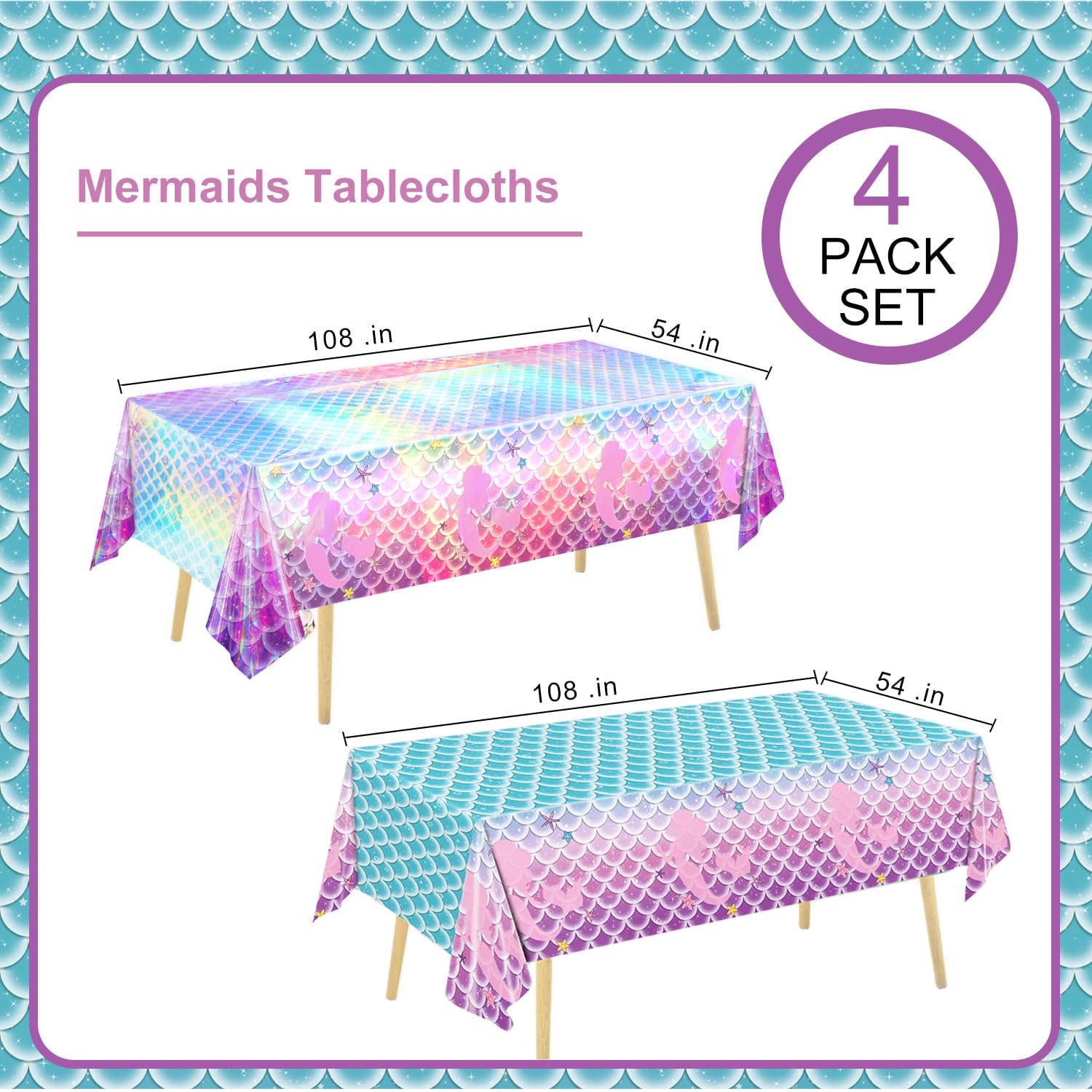 NKPDAXM 4 Pack Mermaid Tablecloth Mermaids Laser Table Cover for Mermaid Birthday Party