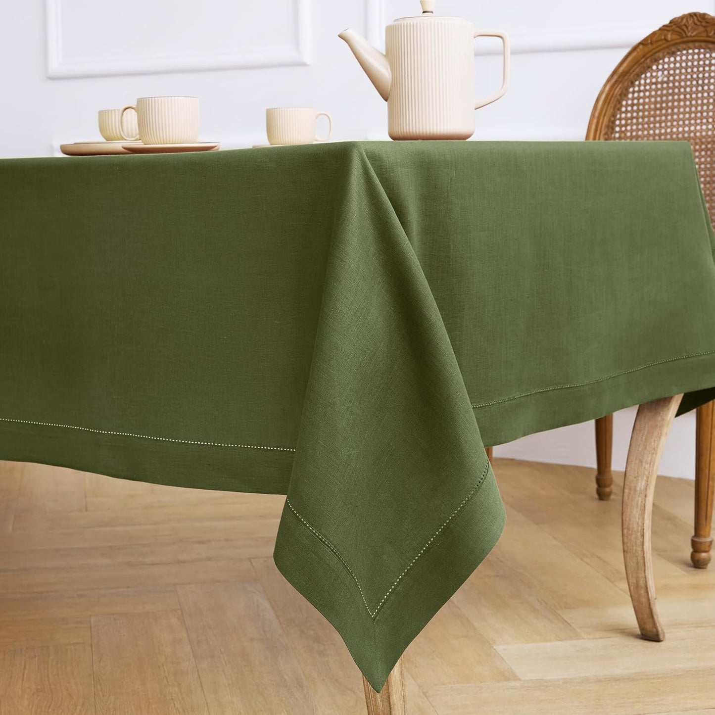 Solino Home Olive Linen Tablecloth 60 x 120 Inch - 100% Pure Linen Hemstitch Table Cloth for Rectangle Tables - Classic Hemstitch, Machine Washable Tablecloth for Fall, Autumn, Thanksgiving