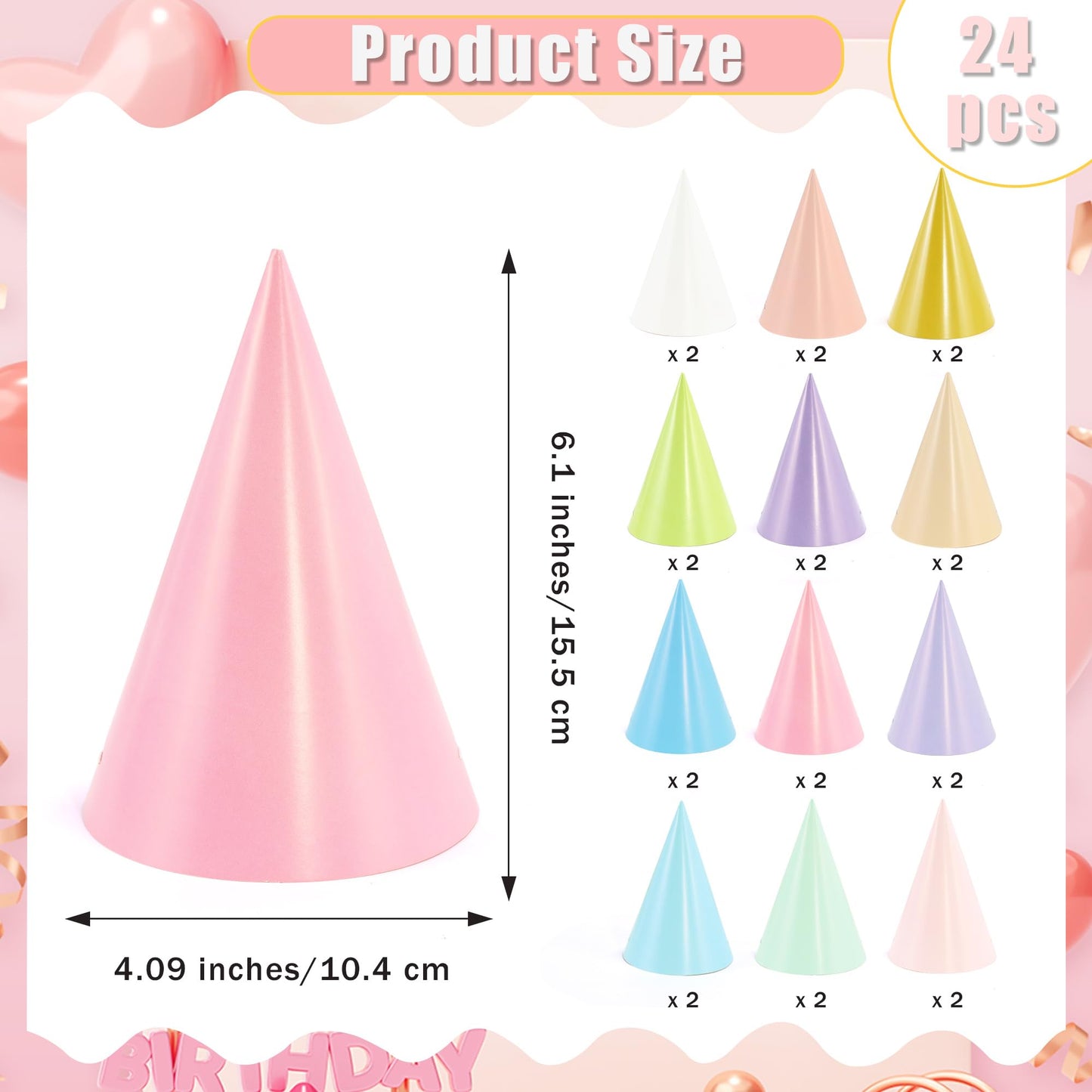 CANREVEL 24 PCS Pre-Assembled Party Hats for Adults and Kids, Pastel